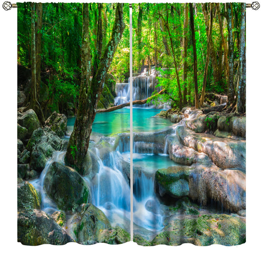 Waterfall Curtains, Spring Forest Nature Landscape Theme Pattern Print, Bedroom Living Room Blackout Curtains, 2 Panel Set, 42X45 Inch