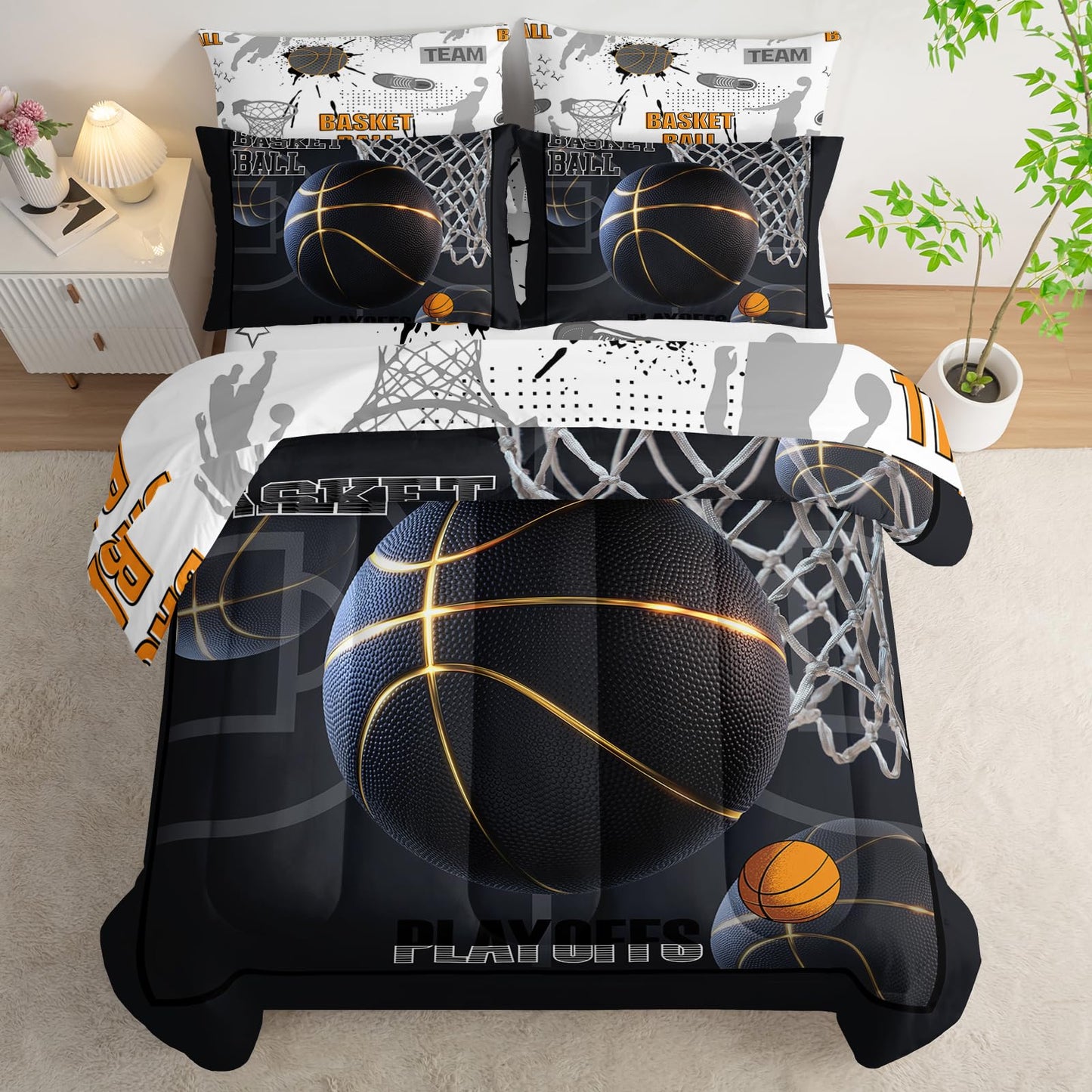 AILONEN Boys Black Basketball Comforter Set Full Size,7-Piece Soft Bed in a Bag,Sport Dunk Basketball Comforter & Fitted Sheet & Flat Sheet & 2 Pillowcases,2 Pillow Shams