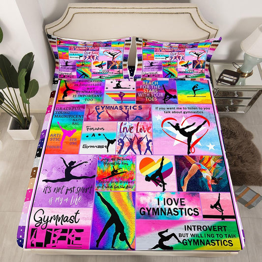 Girls Gymnastics Bed Sheet Set Gymnastics Lovers Fitted Sheet Colorful Gymnast Sports Bedding Set for Daughter Room Decor Lightweight Bed Cover Twin Size with 1 Pillow Case