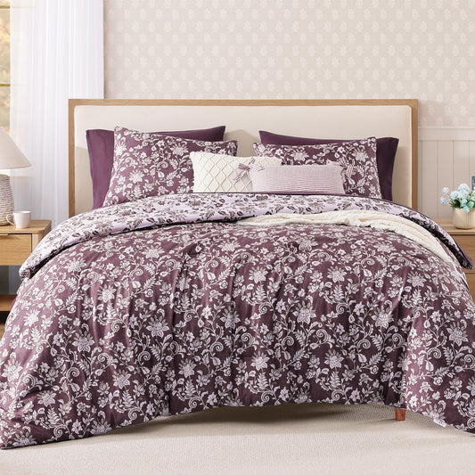 BLOOMHAVEN Queen Comforter Set -7 Pieces Floral Dark Purple Comforter Set for All Seasons, Bed in a Bag Queen with Botanical Flowers Comforter, Sheets, Pillowcases & Shams