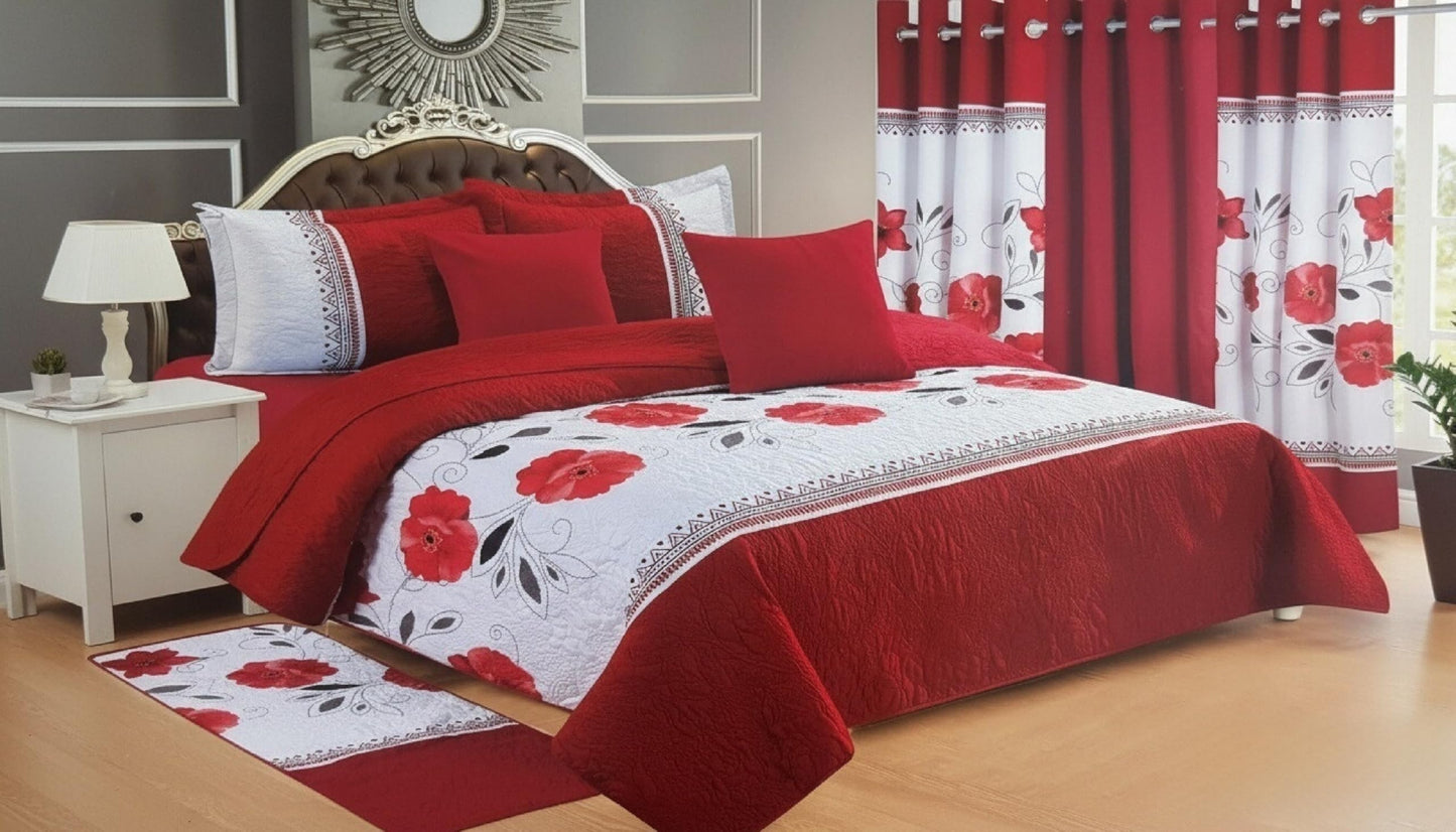 JKCCZLL Queen Size Quilt 12 Piece Set Floral Bedding with Matching Curtains Fitted Sheet Red Queen