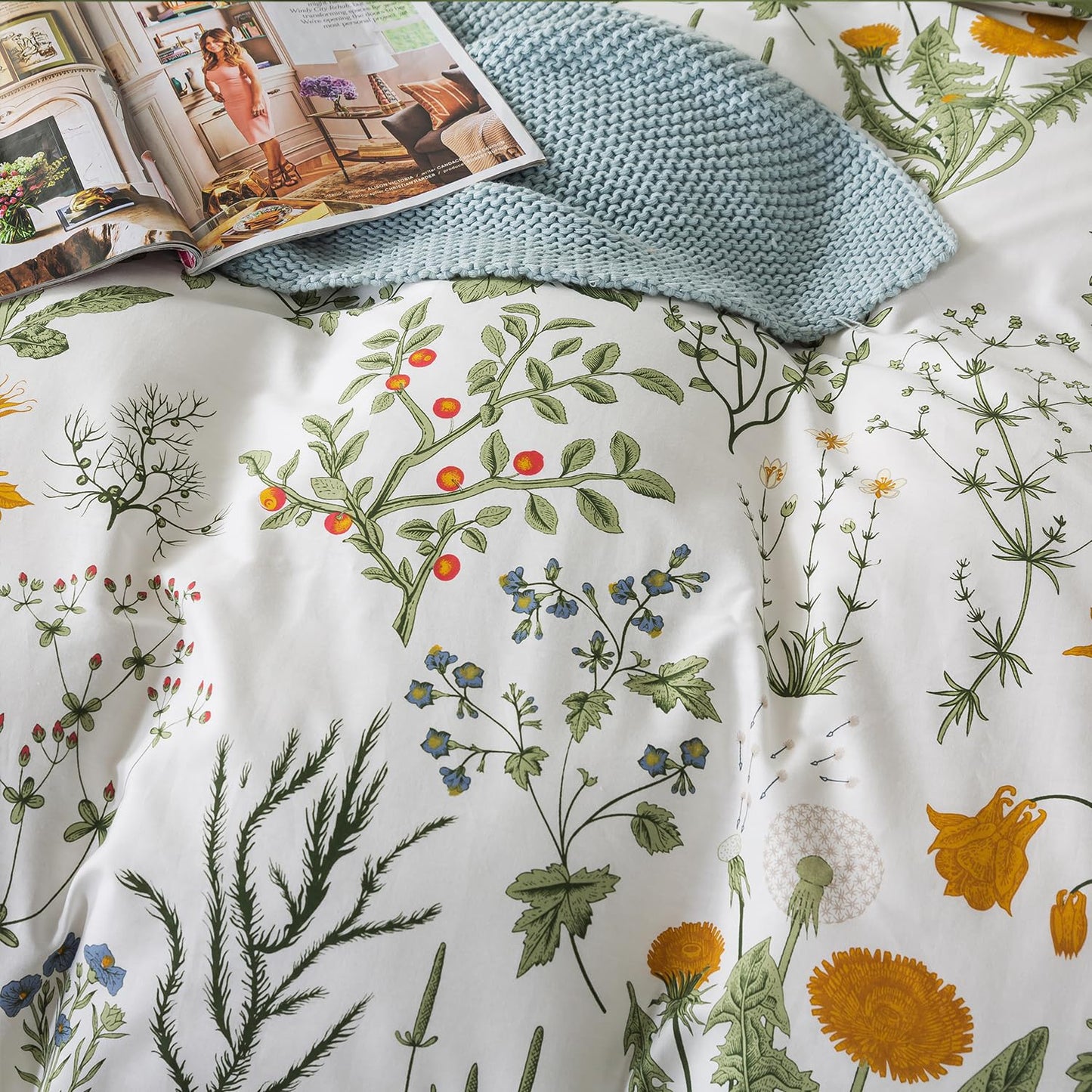 Zusbest Floral Duvet Cover King 100% Percale Cotton Botanical Garden Flower Printed Bedding Reversible Green Yellow Leaves Pattern Comforter Covers French Country Bedding Soft 3Pcs-Not Comforter