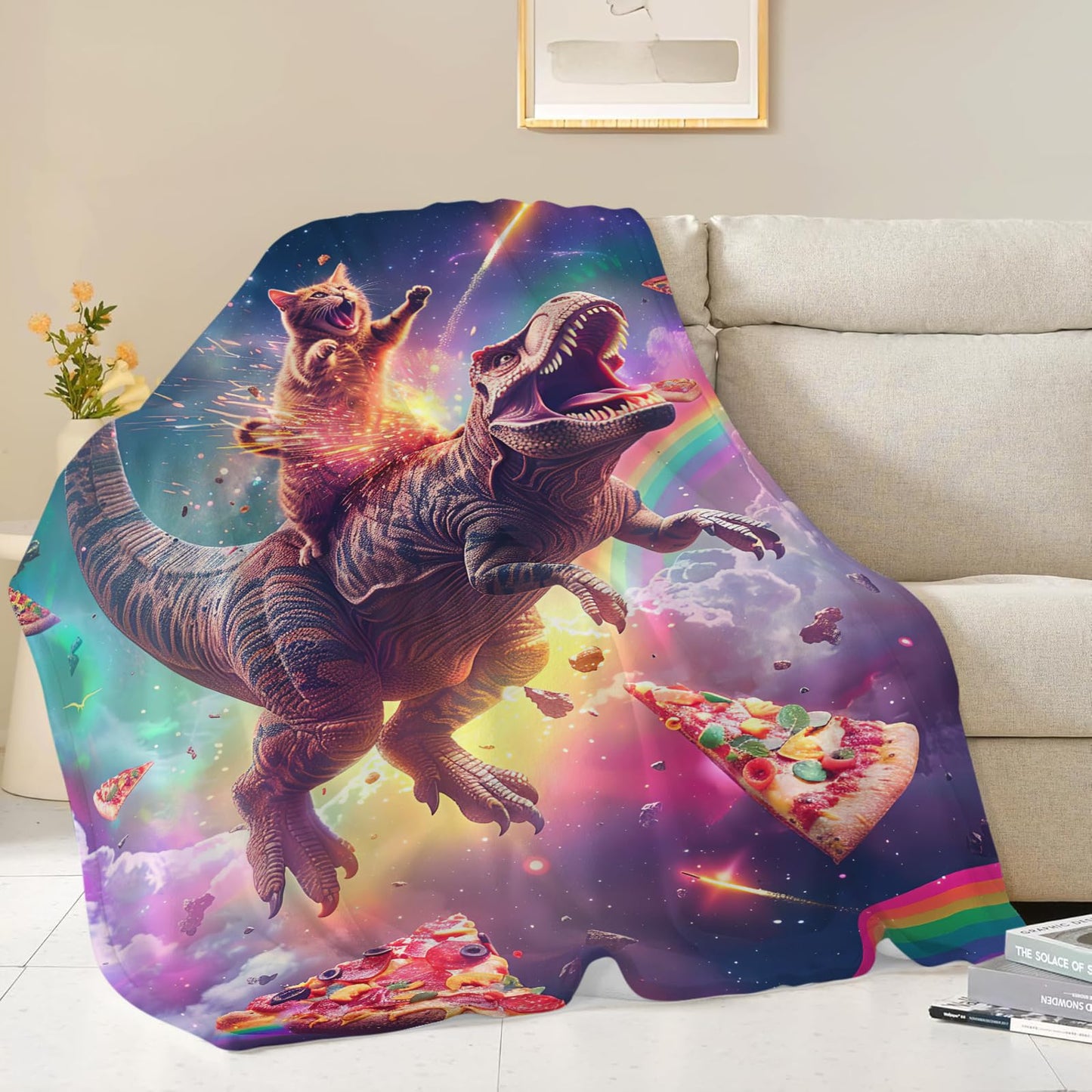 Cat and Dinosaur Blanket Rainbow Pizza Dino Cat Throw Blanket Gifts for Adults Men Women Boys Girls Kids Super Soft Cozy Plush Fluffy Fuzzy Fleece Blanket Decor 60''X80''