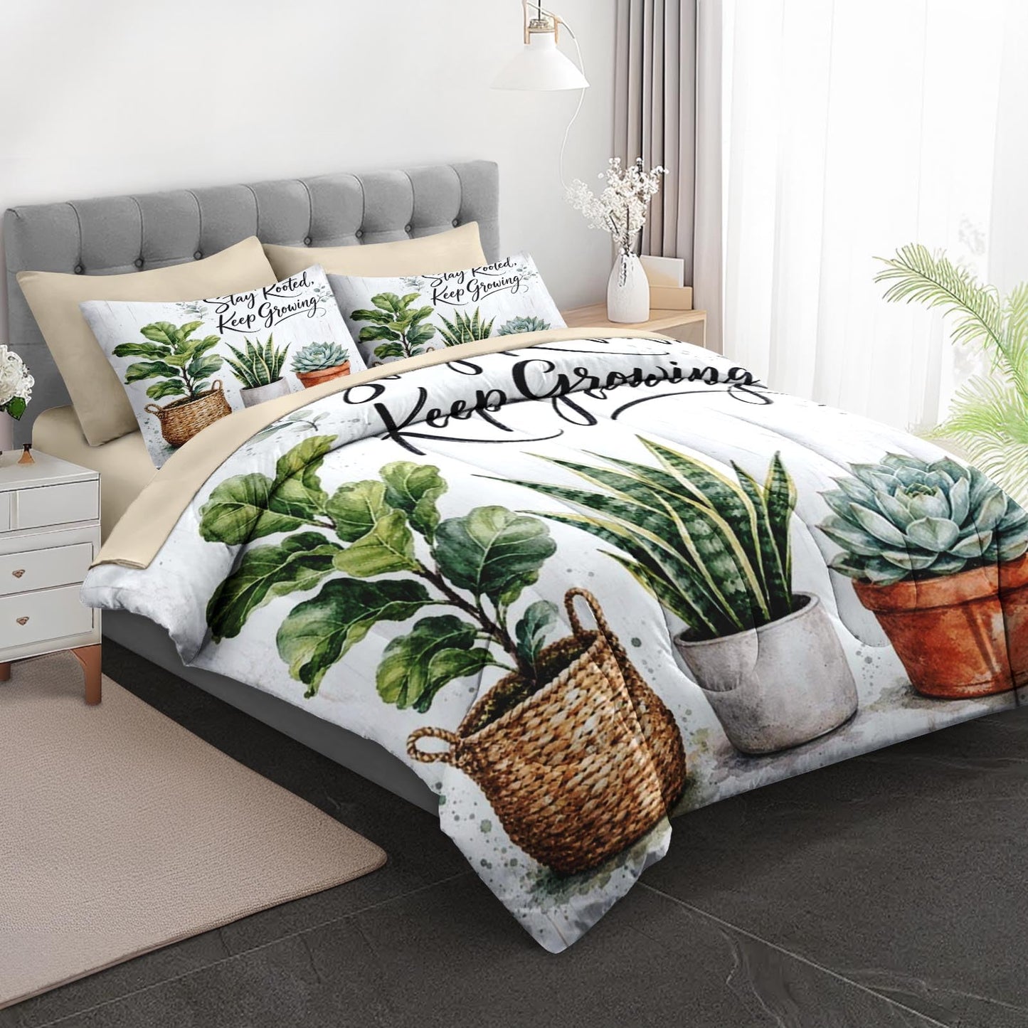 Boewywh Comforter Set Twin Size Plant Botanical Farmhouse 7 Pcs, Bedding for Kids and Adults, Bed Sheet Sets with Fitted Sheet 2 Pillowcases & 2 Shams for Bedroom Bed Decor