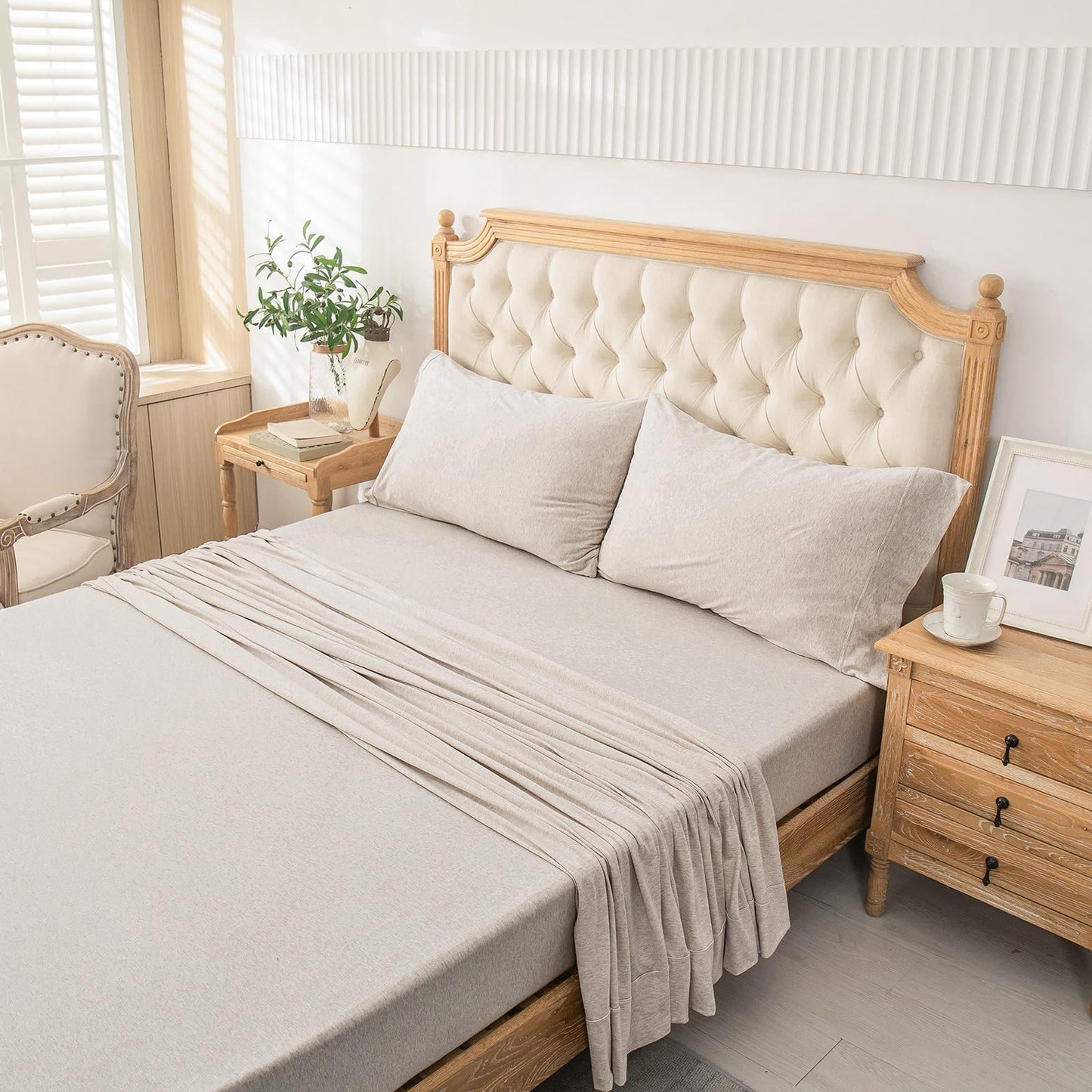 PURE ERA Jersey Knit 4pc Bed Sheet Set 100% T-Shirt Heather Cotton Super Soft Comfy Breathable Fits Mattress Up to 20" Extra Deep Pocket (Heather Beige, Queen)