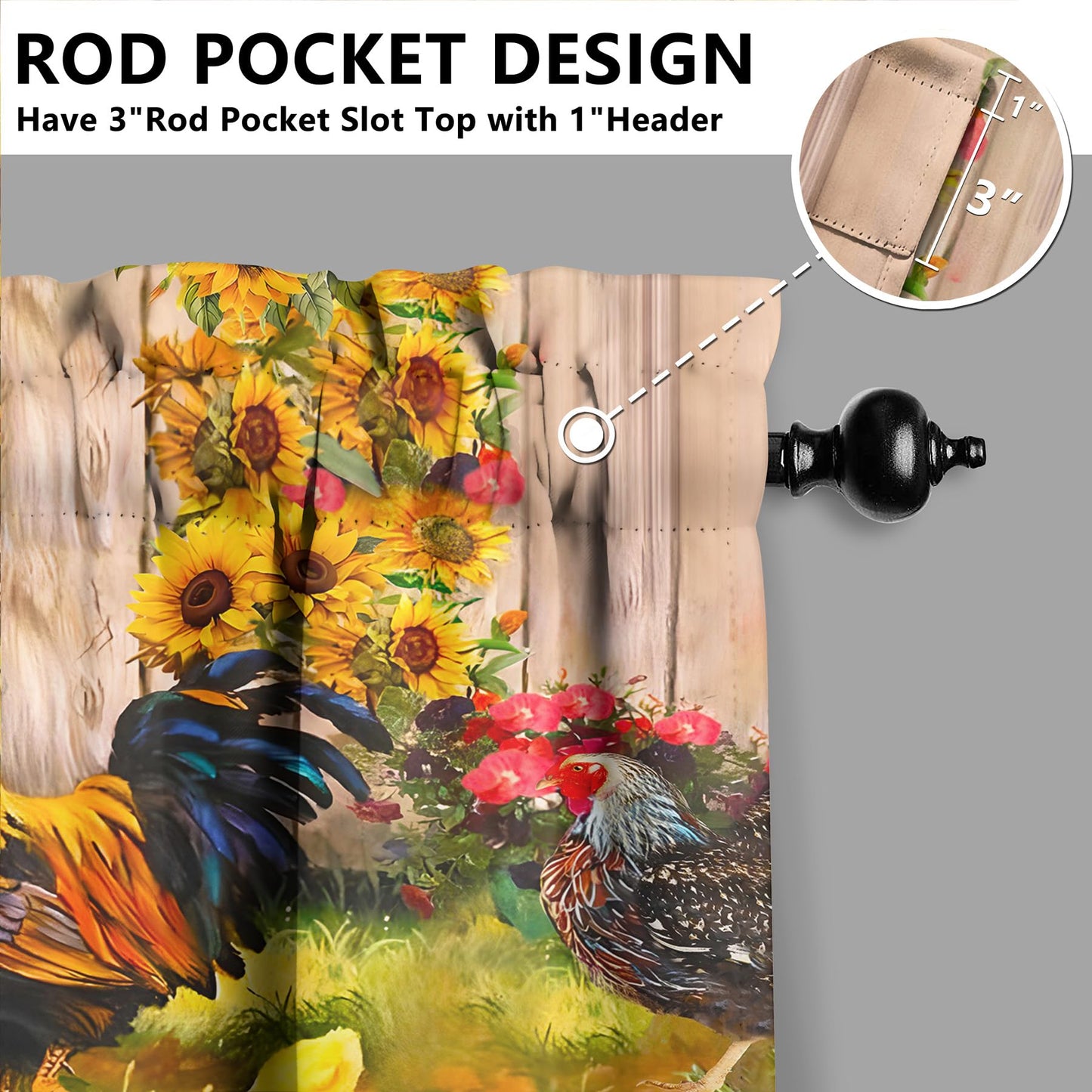 aiwkjdns 3 Piece Chicken Kitchen Curtains and Valances Set for Windows Rooster Kitchen Window Curtains Over Sink Decor 27.5x36 in