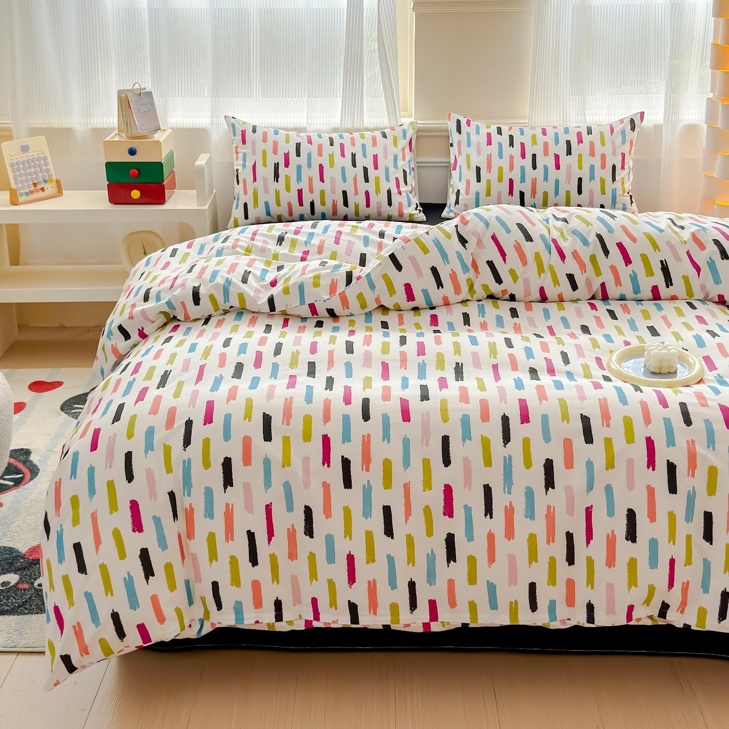 LIWHENHAO Rainbow Striped Duvet Cover Set Queen 100% Cotton Bedding Colorful Blue Red Black Stripe on White 1 Modern Abstract Geometric Comforter Cover Full 2 Pillowcases for Kids Girls Boys Woman