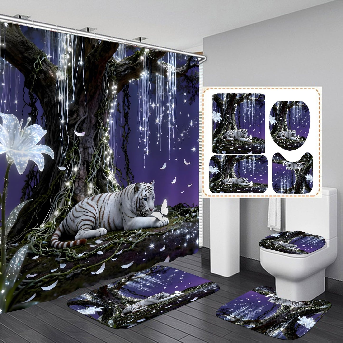 4 Piece Purple and White Shower Curtain Set with Rugs, Dreamy White Tiger & Butterfly Under Glowing Tree, Fantasy Aesthetic Waterproof Fabric Bathroom Decor, Non-Slip Mats & Toilet Lid Cover