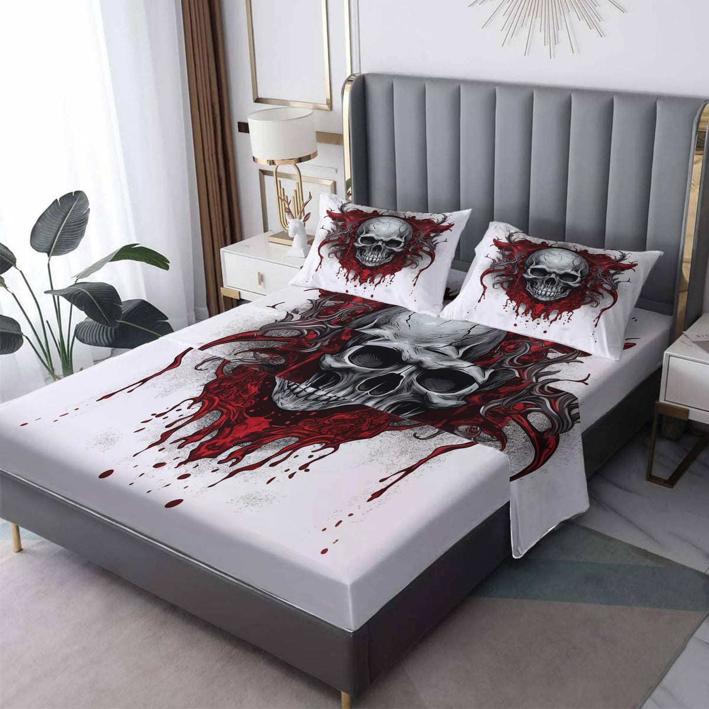 zcsm Skull Sheets King Size - Gothic Bed Sheets, Soft Microfiber & Deep Pocket & Wrinkle Free Patterned Bedding Sheets & Pillowcases, 4 Piece (1 Fitted Sheet, 1 Flat Sheet, 2 Pillow Cases)