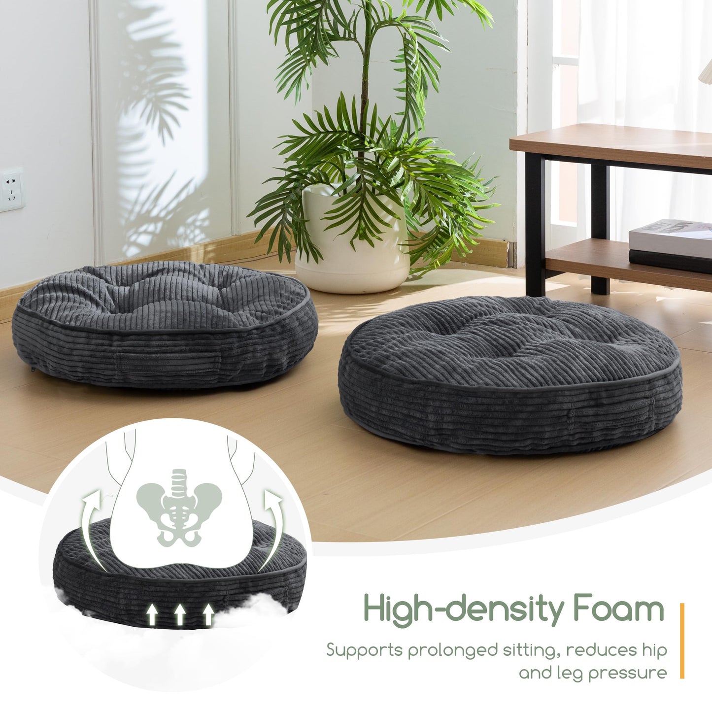 HIGOGOGO Floor Pillow Cushion for Adults, Meditation Cushion Pillow, Large Round Floor Sitting, Removable Tufted Corduroy Cover, for Tatami Living Room or Yoga, 22x22 Inch, Dark Grey