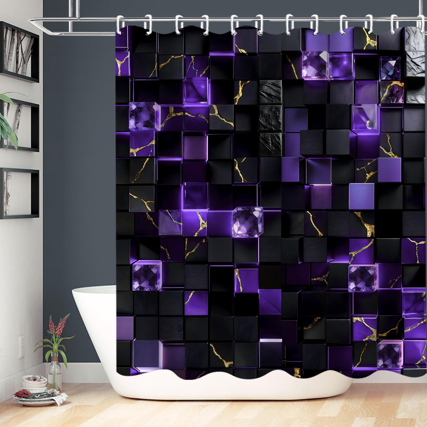 LQCOOL 4Pcs Black and Purple Shower Curtain Set 3D Cubes Bathroom Sets Modern Shower Curtain Set for Bathroom Sets with Rugs and 12 Hooks