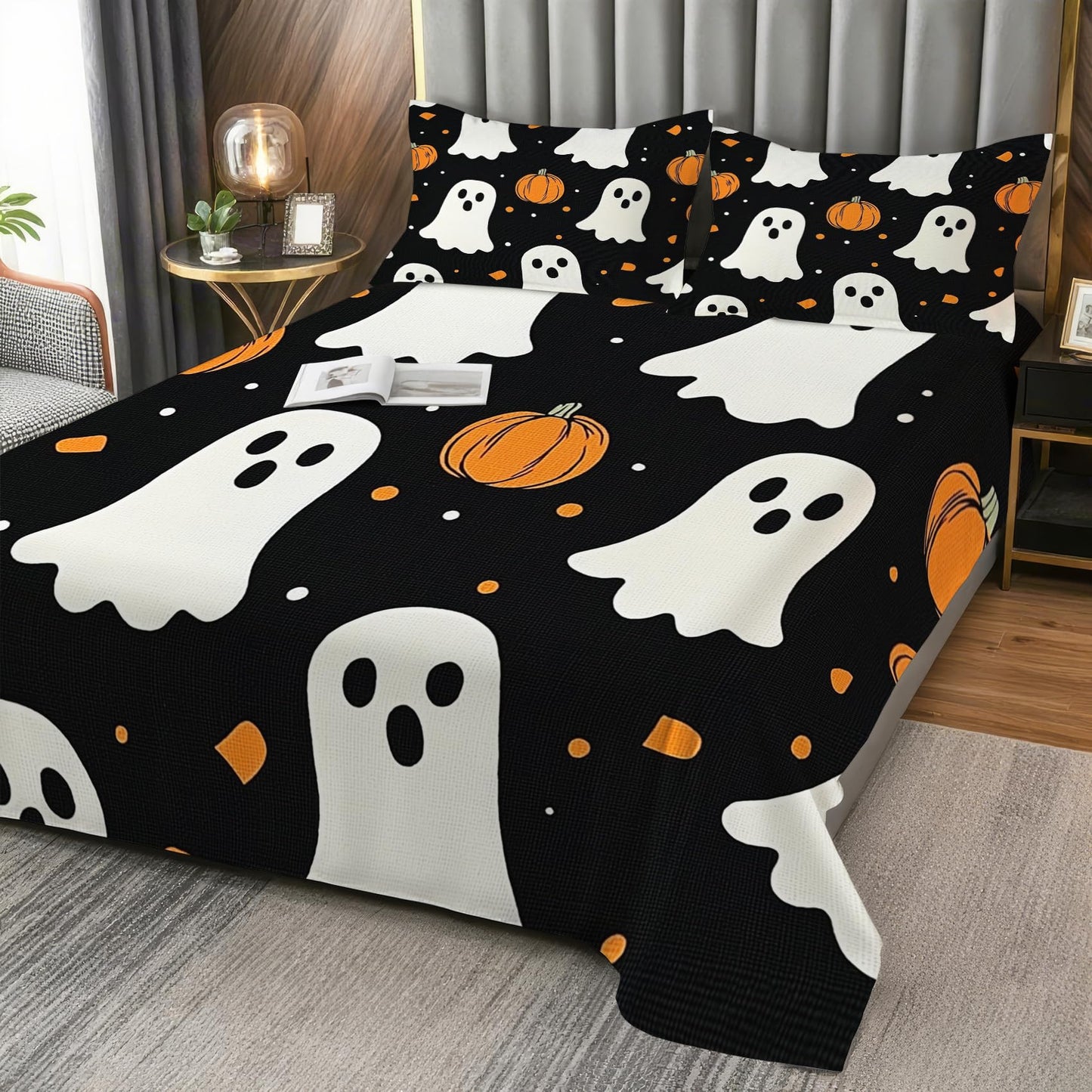 Halloween Sheets Twin Size - Cartoon Ghost Pumpkin Bed Sheet Set - Deep Pocket Soft Microfiber Bedding Set 3 Piece - Fitted Flat Sheet Pillowcase - Halloween Bedroom Decor & Gifts