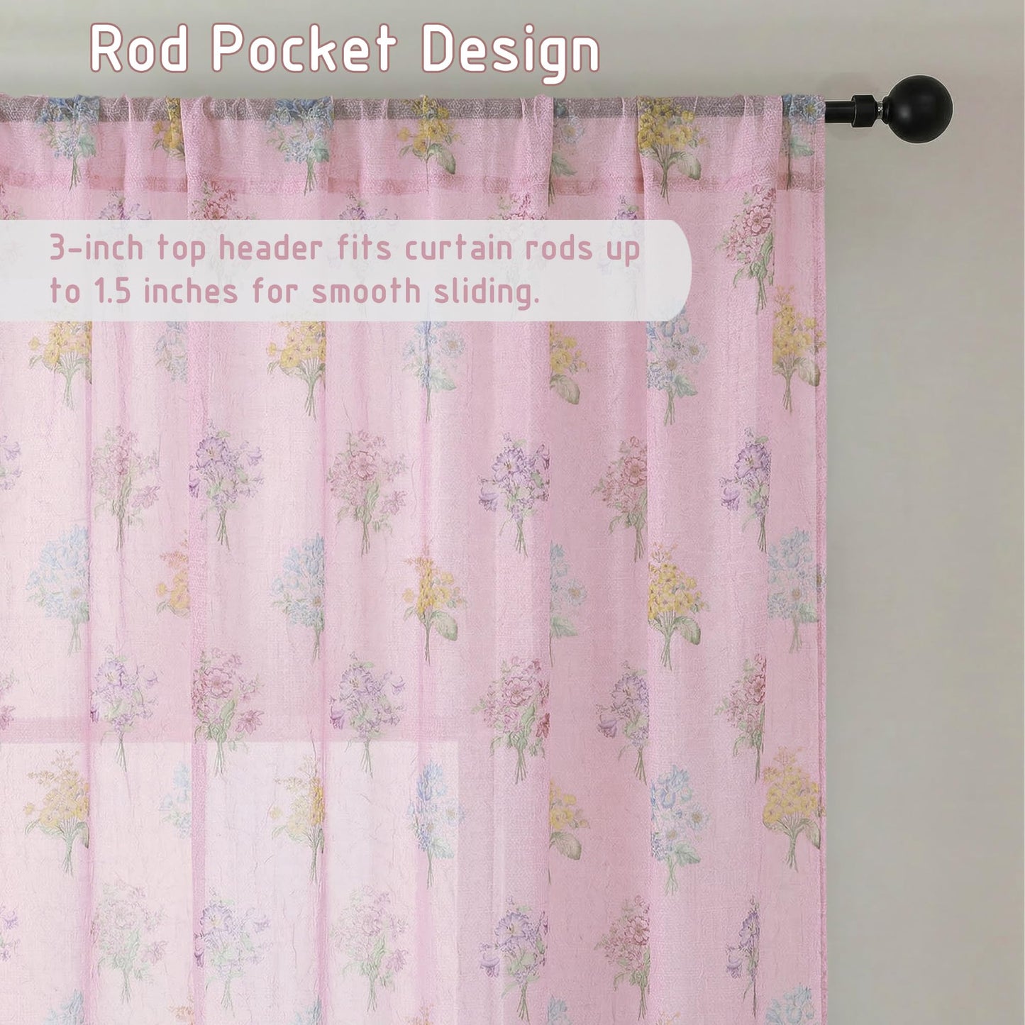 Ebesto Crushed Floral Sheer Curtains 63 Inch Length - Light Filtering Printed Sheer Flower Patterned Curtains for Bedroom, Spring Romantic Rod Pocket Window Drapes, 2 Panels, 42Wx63L, Blush Pink