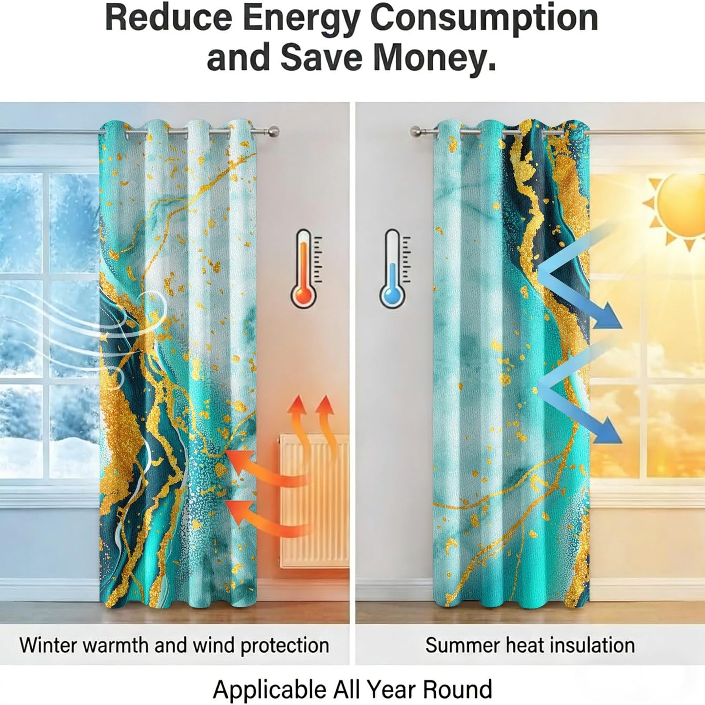 Luxury Teal and Gold Blackout Curtains for Bedroom, Abstract Turquoise Marble Art 3D Printed Drapes, Thermal Insulated Grommet Room Darkening Curtains for Living Room, 42" W x 84" L (Pack of 2)