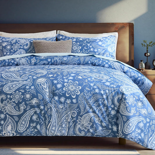 Bedorm Paisley Cotton Comforter Set Blue Paisley Floral Bedding 3 Pcs Queen Set Super Soft Breathable 100% Cotton Fabric Vintage Flower Printed Boho Chic Bed Comforter All Season