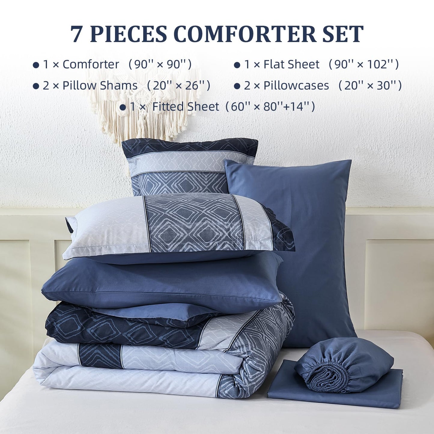 Dinjoy Boho Queen Comforter Set Mineral Blue,7 Piece Bed in a Bag Queen Size Lightweight Striped Bedding Sets with Plaid Comforters with Sheets for Family All Season