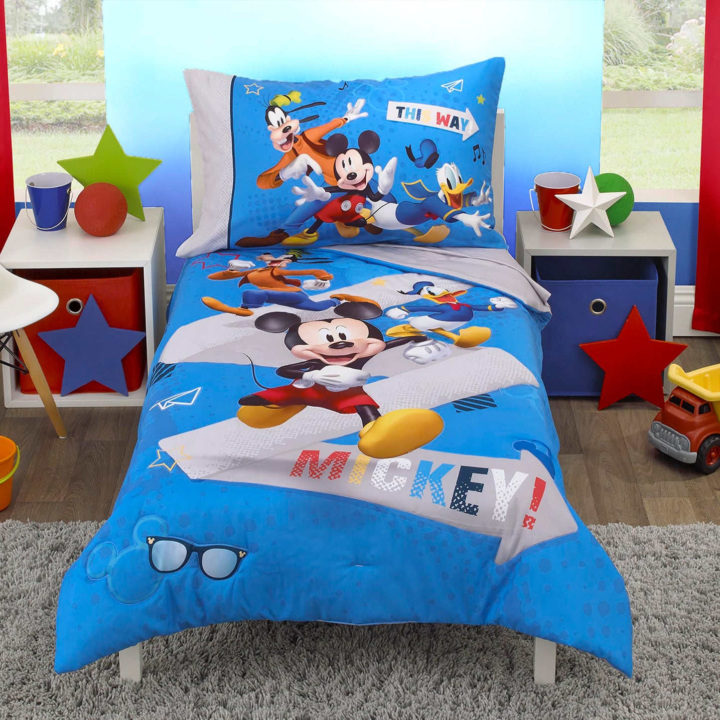 Disney Mickey Mouse and Pals 4 Piece Toddler Bedding Set - Fitted Sheet, Pillow Case, Top Sheet, and Comforter Quilt - Blue