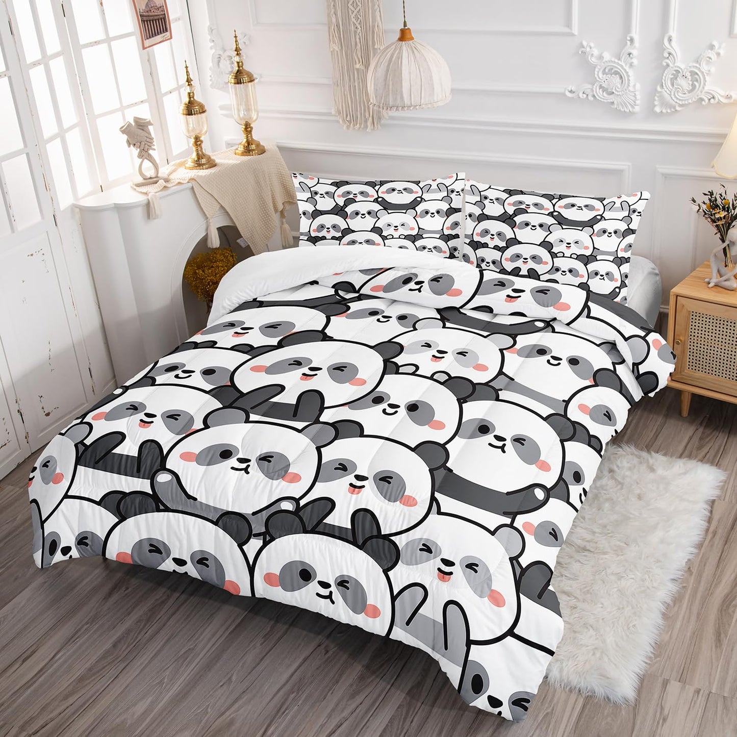 XYNHML Kawaii Cartoon Black White Panda Bedding Animal Themed Comforter 3Pcs Full Bear Pattern Bedding Set for Kids Teens Girls Boys Bed Decor Emoticon Panda Quilt with 1 Comforter and 2 Pillowcases