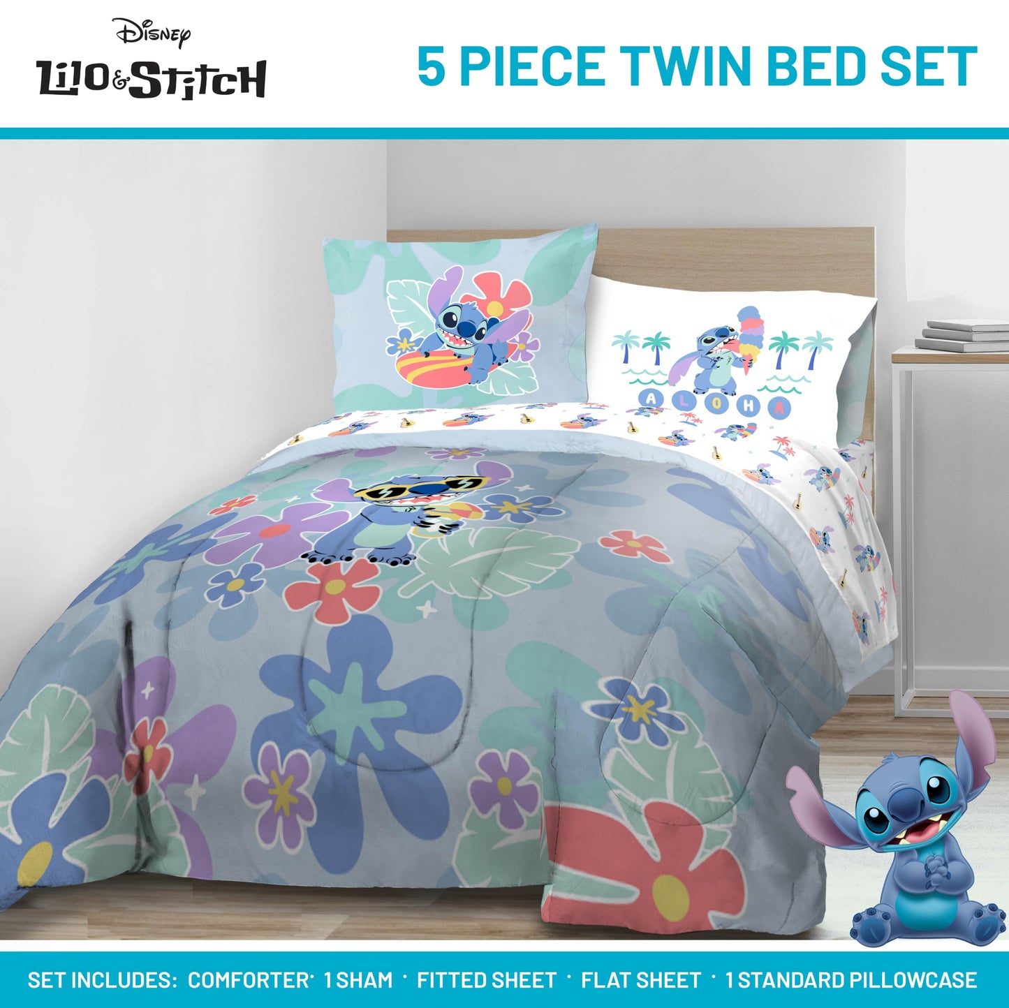 Jay Franco Disney Lilo and Stitch Twin Size Comforter Set - 5 Piece Bedding Includes Sheet Set & Pillow Covers - Super Soft Tropical Bedding
