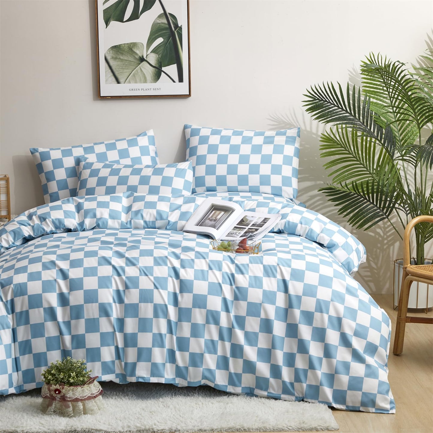 KAREVER Blue White Grid Comforter Set Full Blue Plaid Bedding Set Girls Blue White Checkered Bed Blanket Set Kids Durable Breathable Bedding Comforter Set
