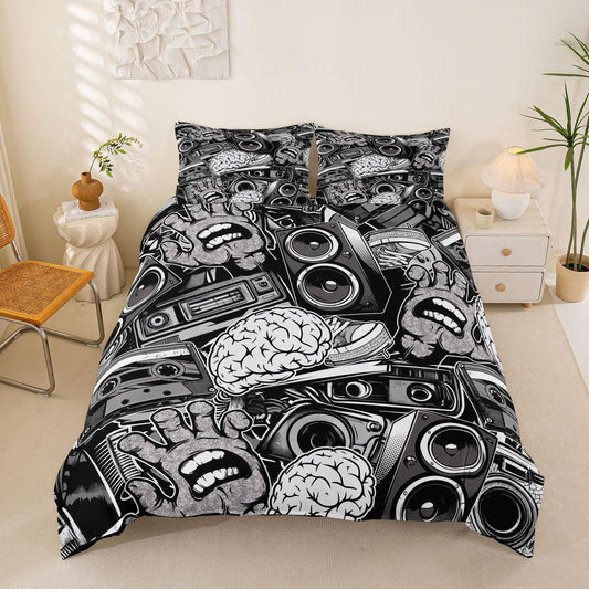 Feelyou Graffiti Bedding Set for Teens Boys King Rock Music Theme Duvet Cover Set Hip Hop Comforter Cover Set Kids Teenage Street Art Quilt Cover Hippie Room Decor Bedding with 2 Pillow Shams (3Pcs)