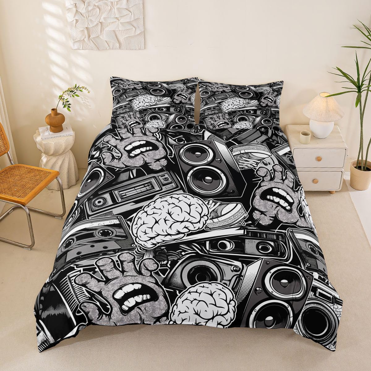 Feelyou Graffiti Bedding Set for Teens Boys Full Rock Music Theme Duvet Cover Set Hip Hop Comforter Cover Set Kids Teenage Street Art Quilt Cover Hippie Room Decor Bedding with 2 Pillow Shams (3Pcs)