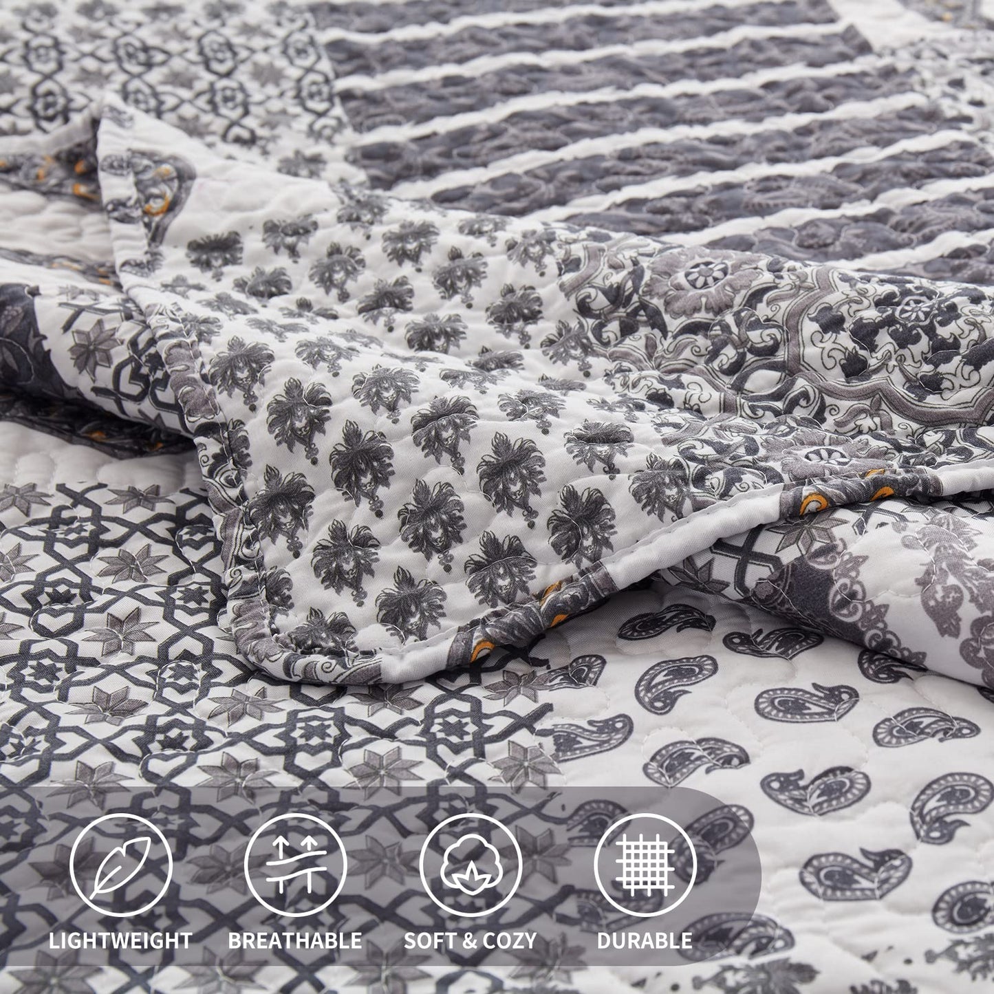 LEAONME Quilt Set King Size 3 Piece Bedspread Coverlet Lightweight Comforter Microfiber Reversible Bedding Set for All Season Oversized 98x106 Inch Bed Cover Paisley Gray (1 Quilt, 2 Pillow Shams)