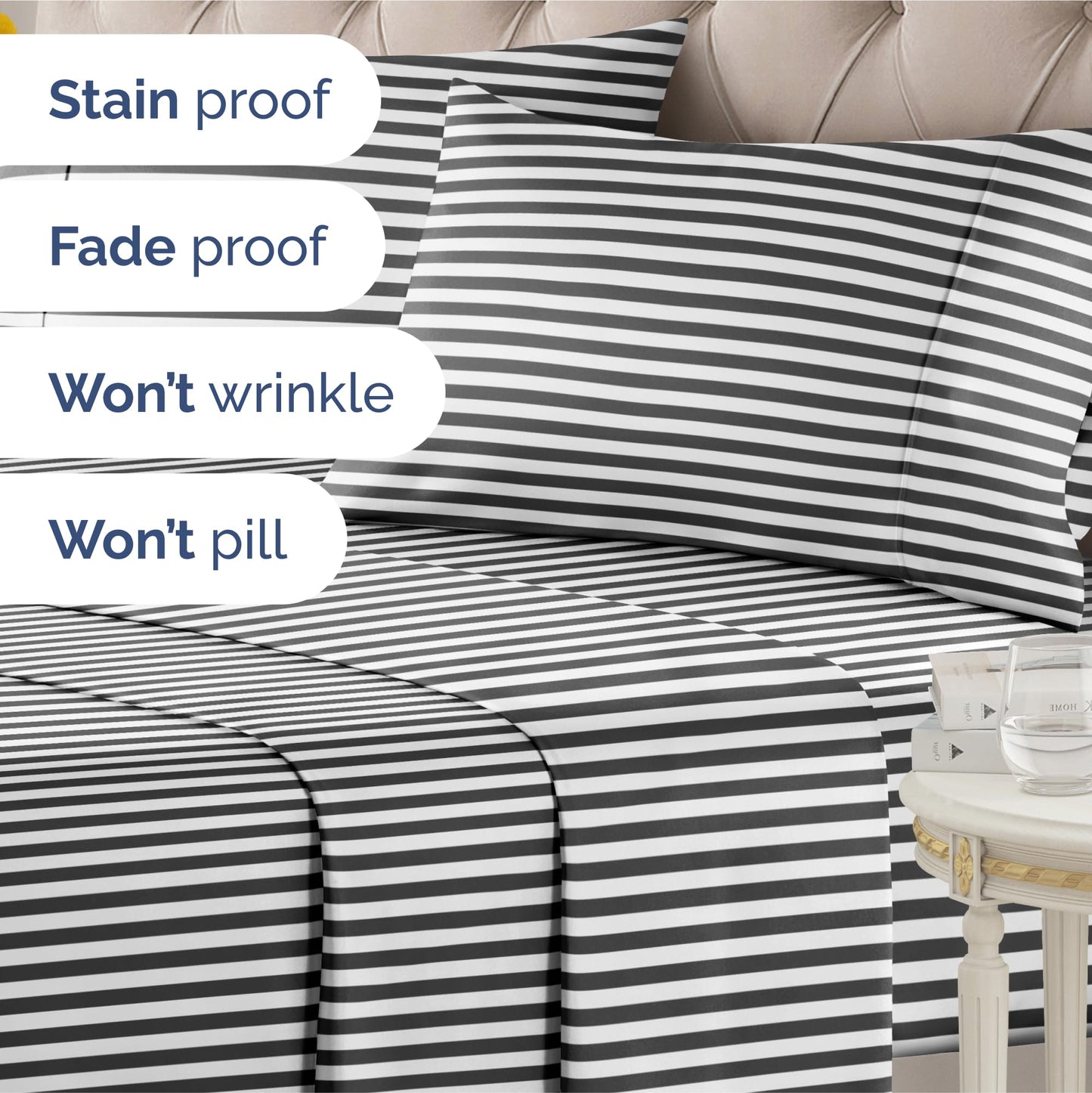 Striped Sheets - Black & White Striped Sheets - 1 Flat & 1 Fitted & 2 Pillowcases w/ Deep Pockets – Wrinkle & Fade Free - Soft, Breathable and Cooling – Luxury Pinstripe Bedding - Queen Size Bed Set