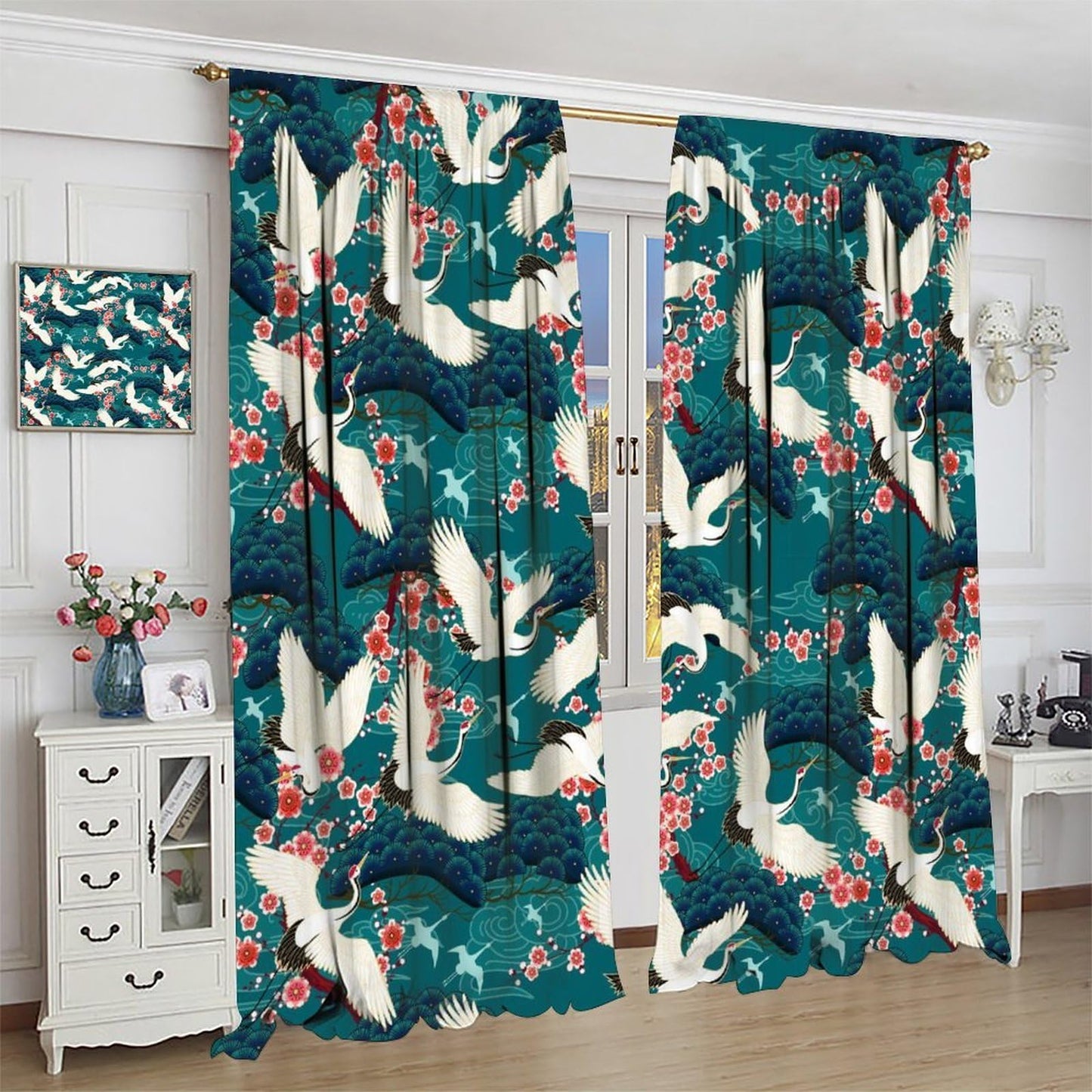 YSWOW Japanese Cranes Curtains, Asia Oriental Theme Art Printed Window Drapes for Bedroom Living Room Kitchen Decor Fabric 2 Panel 42x45 Inch 30% Shading Rate