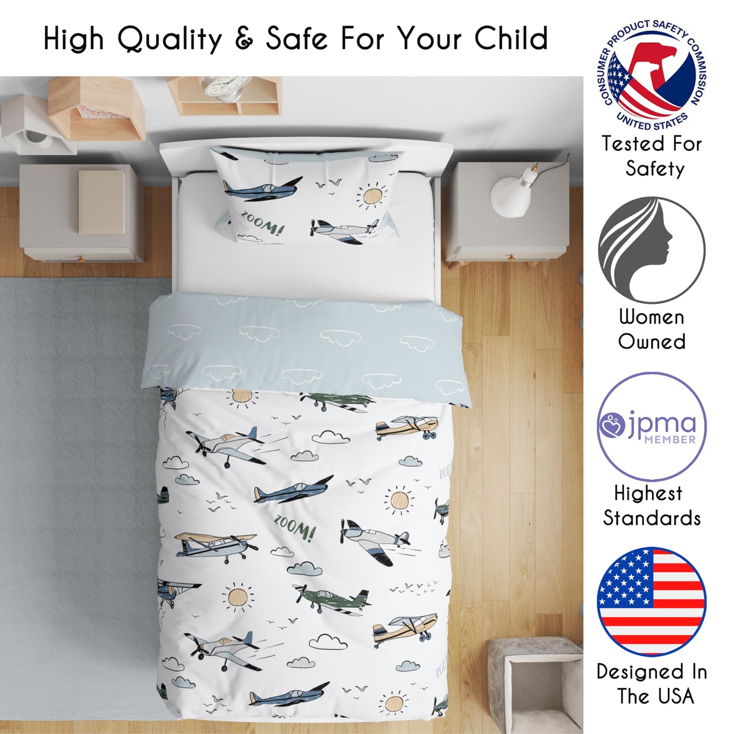 Sweet Jojo Designs Vintage Airplane Boy Toddler Bedding Set Kids Children 5pc Bed in a Bag with Comforter Blanket Pillowcase Sham and Sheets Grey Green Blue White Yellow Transportation Clouds Sun Sky