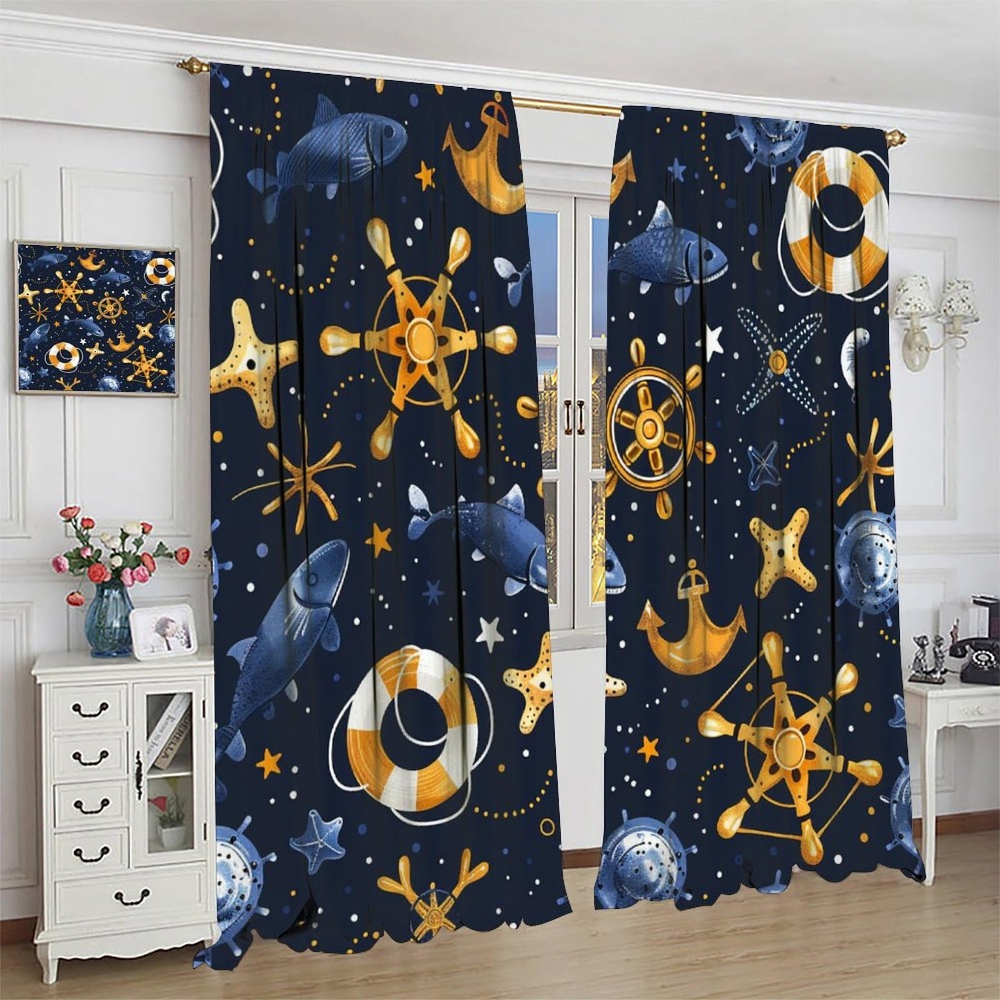 HDESDIS Fantasy Ocean Boat Anchor Blackout Curtains for Bedroom Living Room, Rod Pocket Abstract Starry Life Buoy Fish Curtains Thermal Insulated Window Drapes 2 Panels, Each 21W x 45L