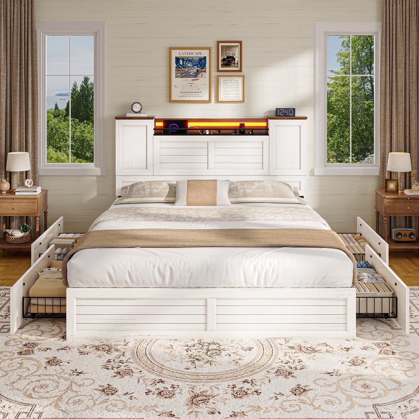 VIAGDO Full Bed Frame with Headboard and Storage Cabinets, Farmhouse Bed Frame Full Size with Charging Station and LED Lights, Wooden Platform Bed Frame with 4 Drawers, No Box Spring Needed, White