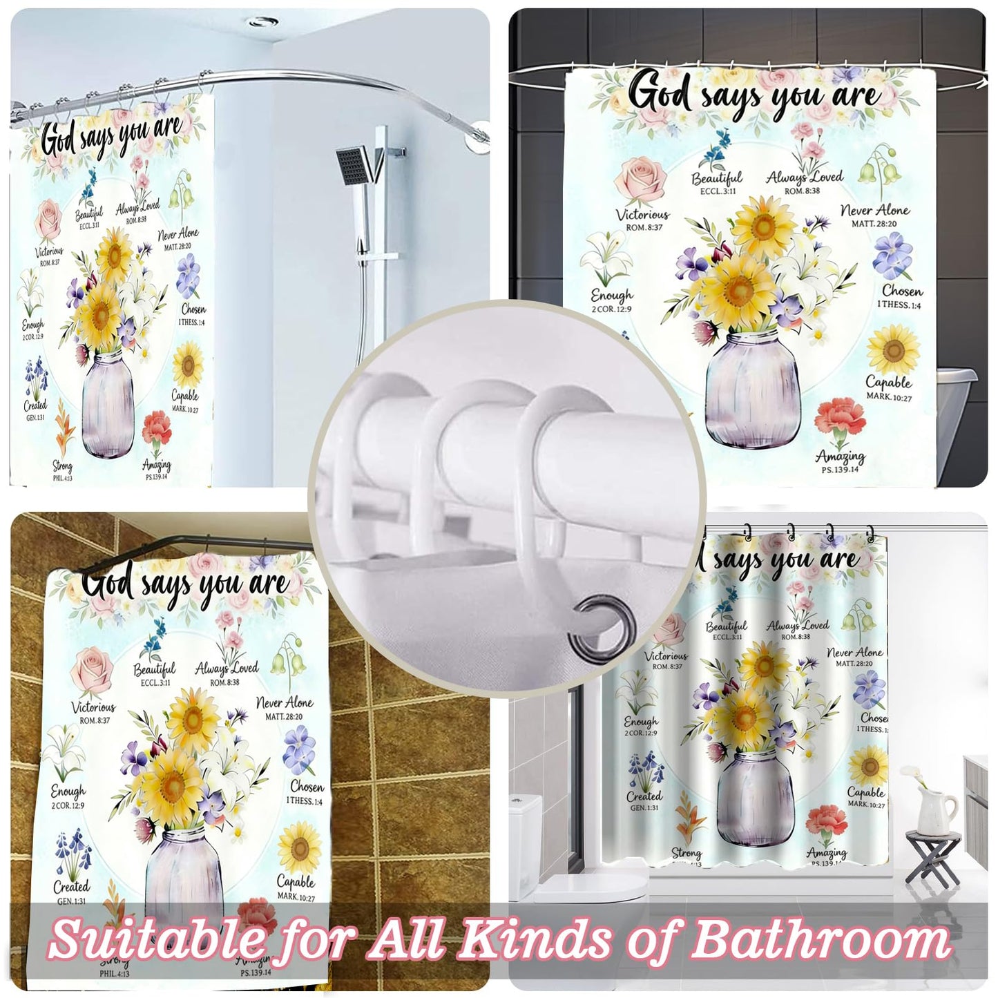 NEWSUYAA 4 Pcs Sunflower Floral Shower Curtains, God Says You are Christian Bathroom Set with Non-Slip Rugs, Inspirational Bible Verse Bath Decor Gift, Waterproof Flowers Curtains with Hooks (Teal)