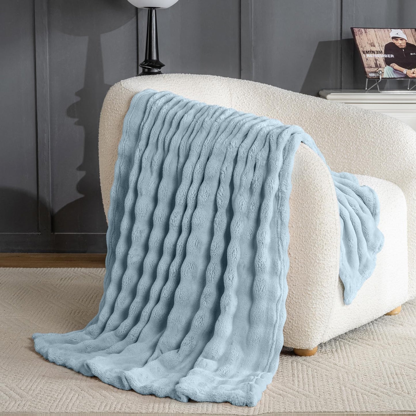 Light Blue Fur Throw Blanket for Couch, Soft Fluffy Bubble Blanket for Bed Sofa, Thick Warm Plush Fuzzy Rabbit Fur Blanket for Neutral Home Decor, 50"X 60"
