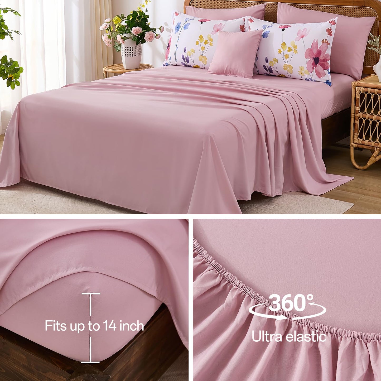 Annibedding Pink Floral Queen Comforter Set, 8 Piece Soft Microfiber Flower Bed in a Bag Bedding Set with Pillowcase and Sheets for All Season (90"x90")