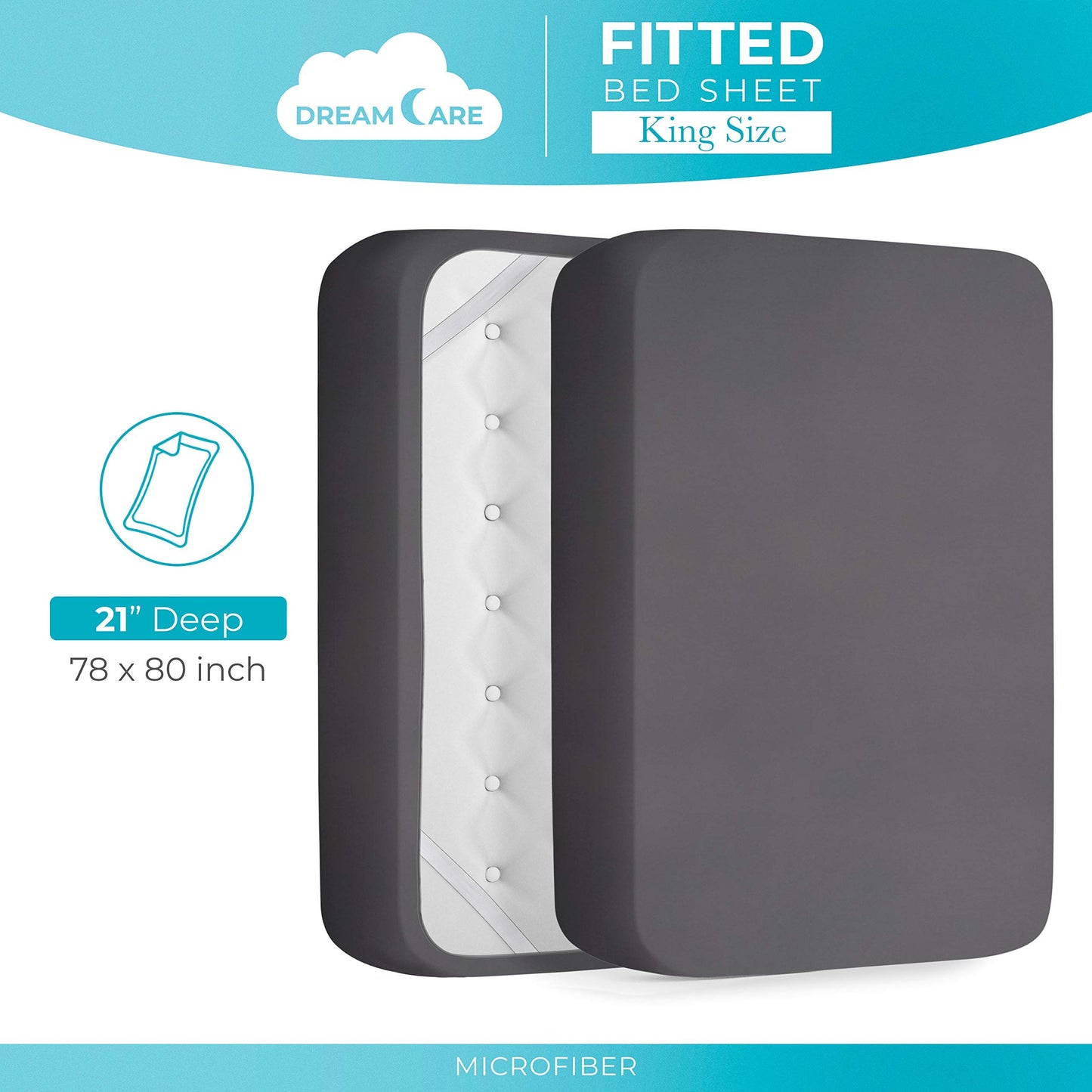 DREAMCARE King Fitted Sheet Only - Extra Deep Pocket Fitted Sheet - Fits up to 21 inch Mattress - Deep Pocket King Sheets - Hotel Luxury - Oeko-Tex Certified Sheets - (Grey)