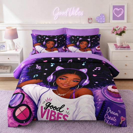 Boewywh Comforter Set Twin Size Music Purple Kawaii 5 Pcs, Bedding for Kids and Adults, Black Girly Bed Sheet Sets with Fitted Sheet Pillowcase & Sham for Bedroom Bed Decor