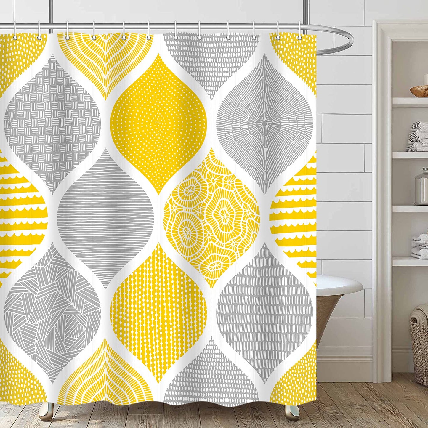 iTapnoom Boho Yellow and Grey Shower Curtain Set, Dark Gray Abstract Geometric Pattern Shower Curtains for Bathroom Decor Accessories, Modern Bohemia Paisley Fabric Bath Curtains with Hooks 72X72