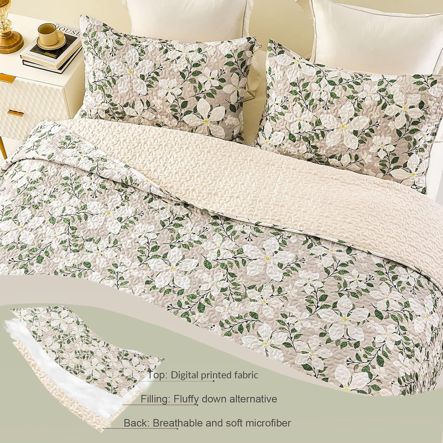 Whale Flotilla Reversible Printed Quilt King Size, Extra Soft Boho Floral Leaf Bedspreads for Bed Lightweight King Quilt Bedding Set Coverlets with 2 Pillow Shams for All Seasons, White Bone