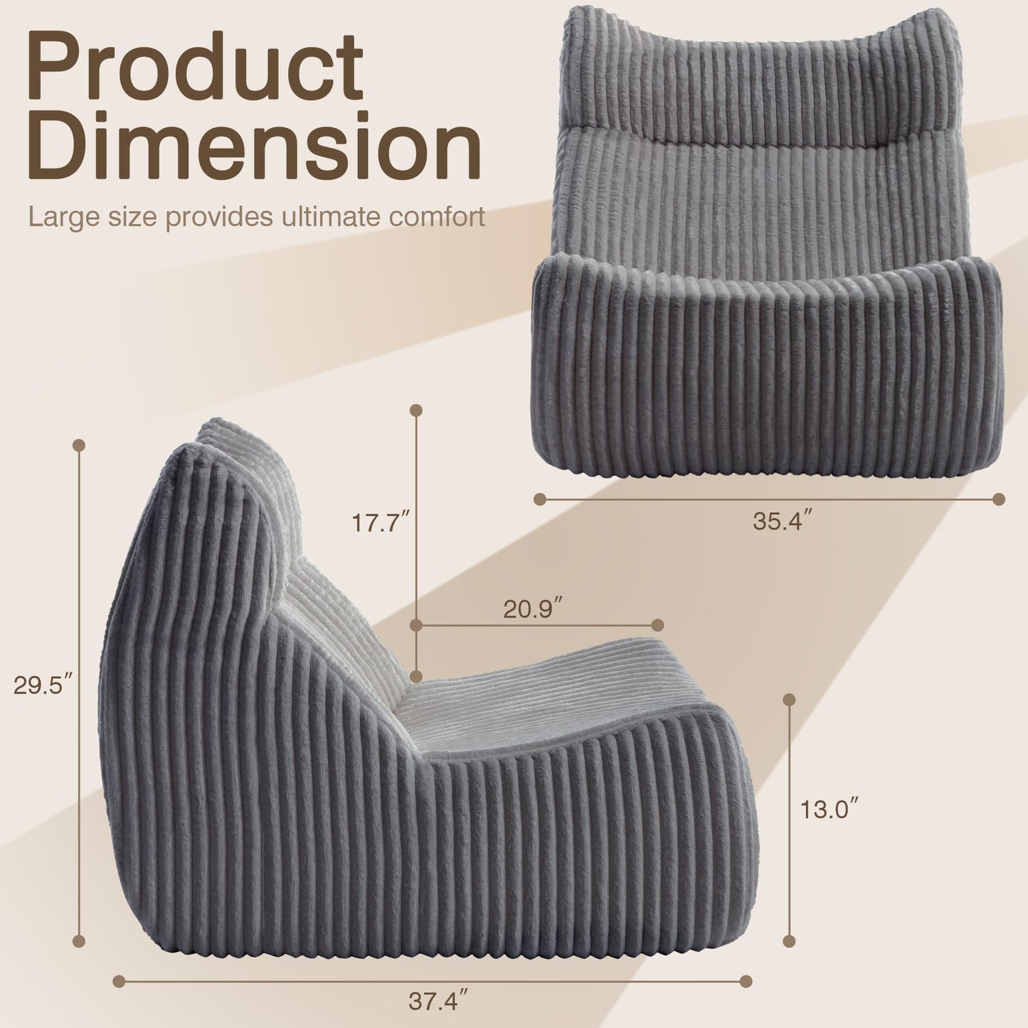 Ayiseedmid Lazy Floor Sofa, Comfy Sofa, Big Bean Bag Chairs, Fireside Chair for Living Room, Bedroom, Office (Grey, Single Seat)