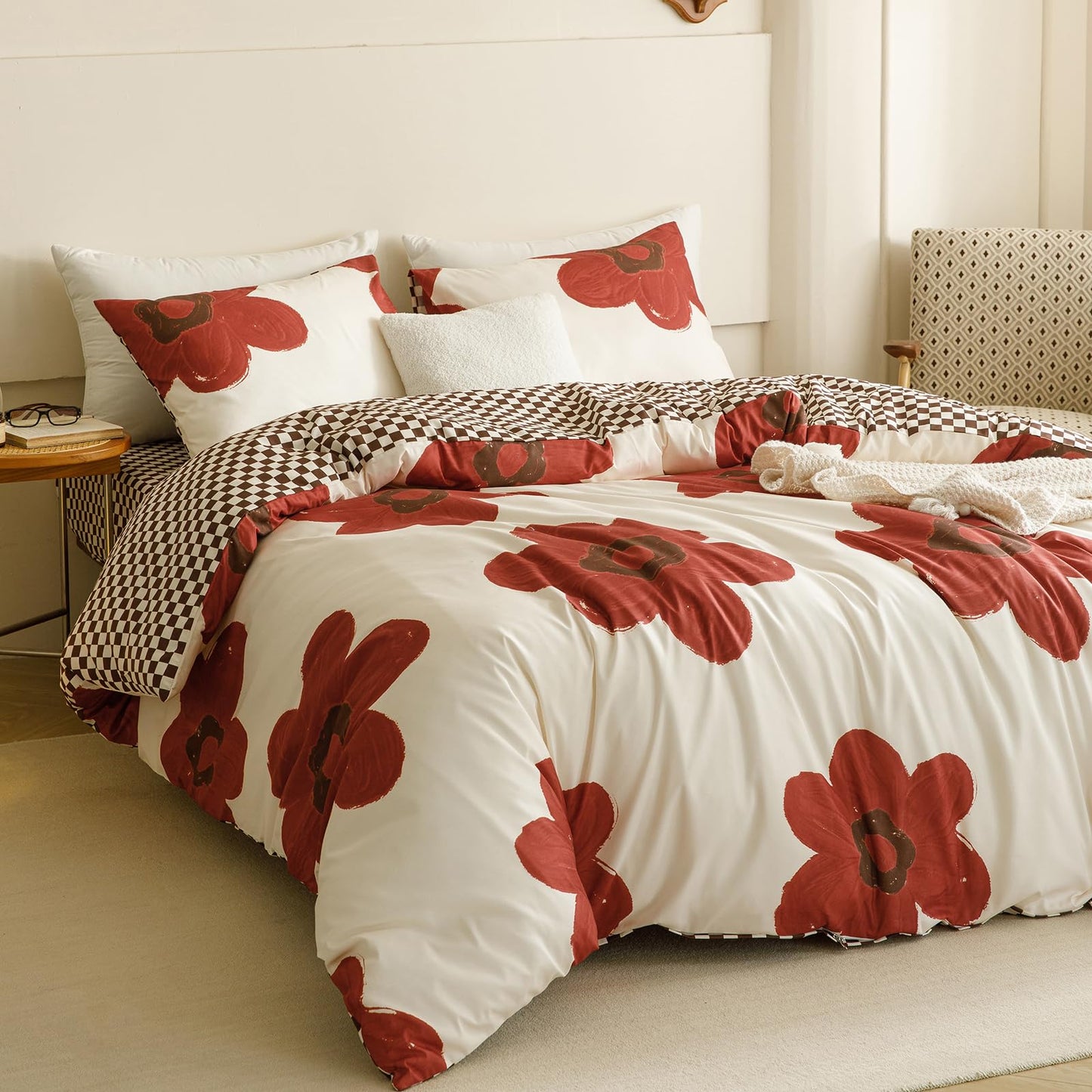 CLOTHKNOW Rust Sunflower Queen Comforter Set Floral Bedding Comforter Sets Brown Plaid Queen Comforter All Season
