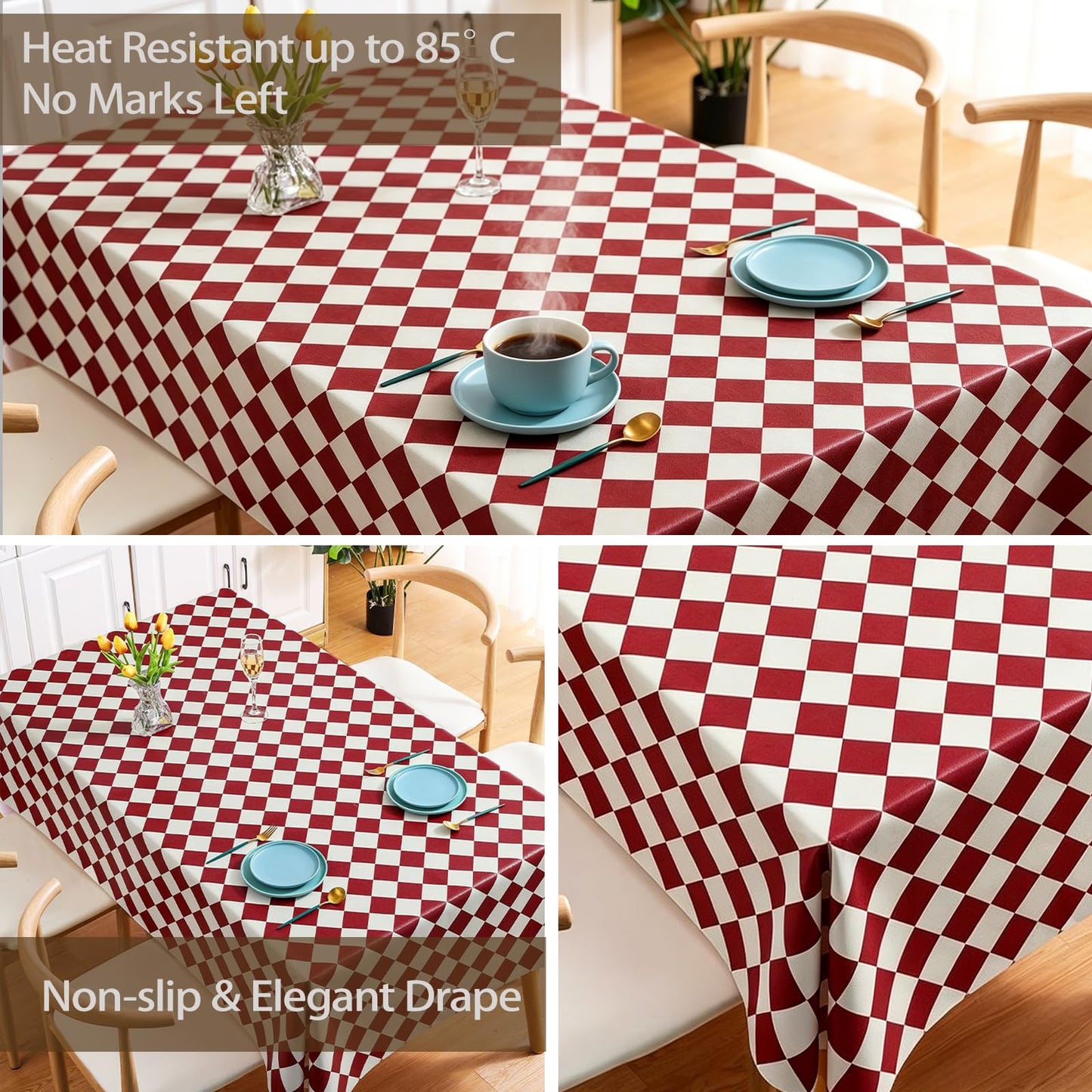 Qvthpv Rectangle Tablecloth 55"x70" Waterproof Oilproof Heat Resistant Kitchen Table Cover, Stainproof Wipe Clean Vinyl Mat for Dining Room, Everyday Use & Holiday Parties (Deep red Pattern)