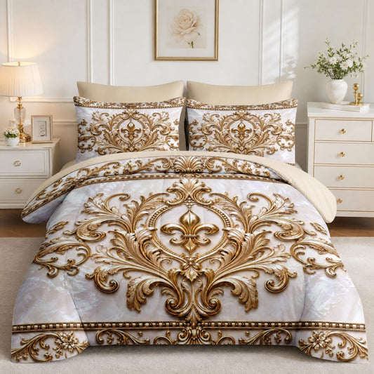 Boewywh Comforter Set Twin Size Gold Victorian Floral 7 Pcs, Bedding for Kids and Adults, Bed Sheet Sets with Fitted Sheet 2 Pillowcases & 2 Shams for Bedroom Bed Decor