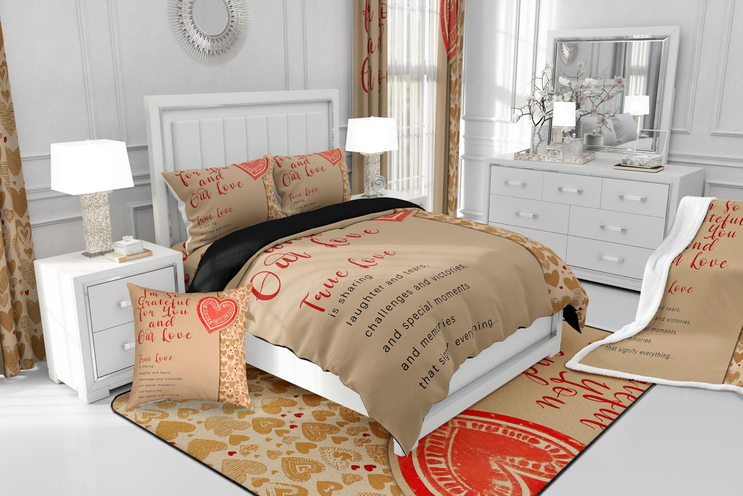 Erosebridal Valentine Gifts Comforter Set Queen for Couple,Romantic Motto Bedding for Women Men Adults,Cartoon Love Hearts Down Comforter,True Love Bedding Comforter Sets