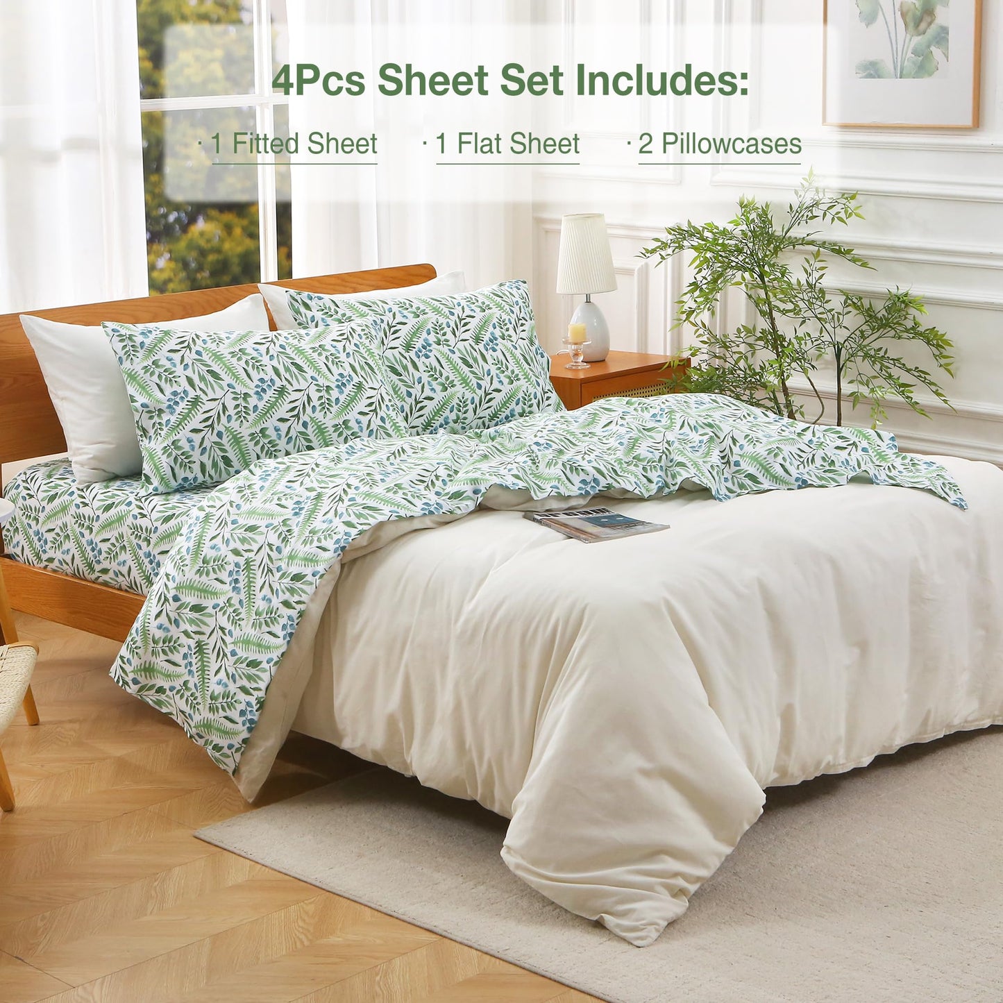 Viviland Full Bed Sheet Set - 4 Piece Double Brushed Microfiber Bedding - Deep Pocket Up to 15", Ultra Soft, Breathable & Wrinkle Resistant Skin-Friendly Cooling Sheets for Adult - Verdant Breath(F)