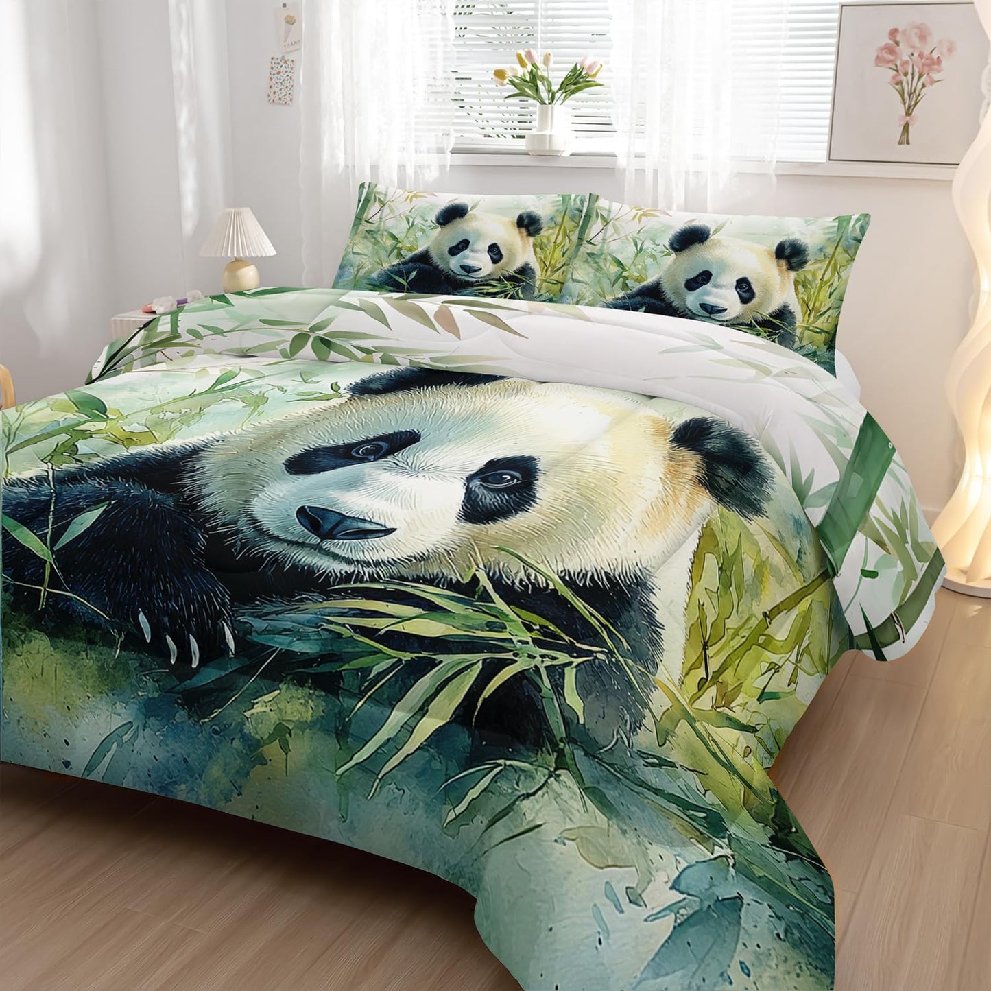 Nttopship Cute Panda Bedding Set 3 PCS Kids Panda Comforter Set Twin Size for Kids Boys Girls Animal Theme Comforter Kawaii Animal Soft Machine Washable Green 1 Comforter with 2 Pillowcases
