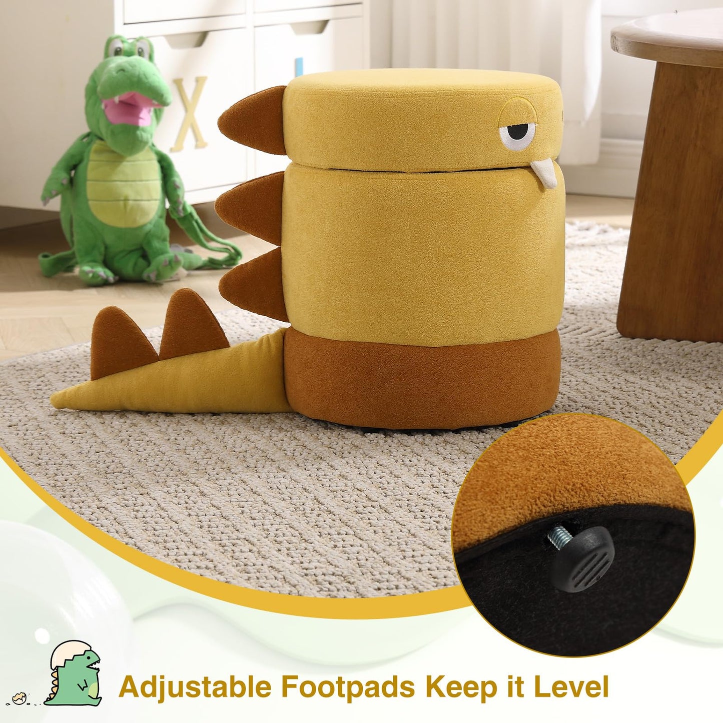 DAYARUS Dinosaur Toddler Chair Comfy Chenille Kids Reading Chairs, Toddler Dinosaur Ottoman, No Assembly Children Stool, Cute Kids Storage Ottoman, Wood Kid Desk Chairs for Playroom/Nursery, Yellow