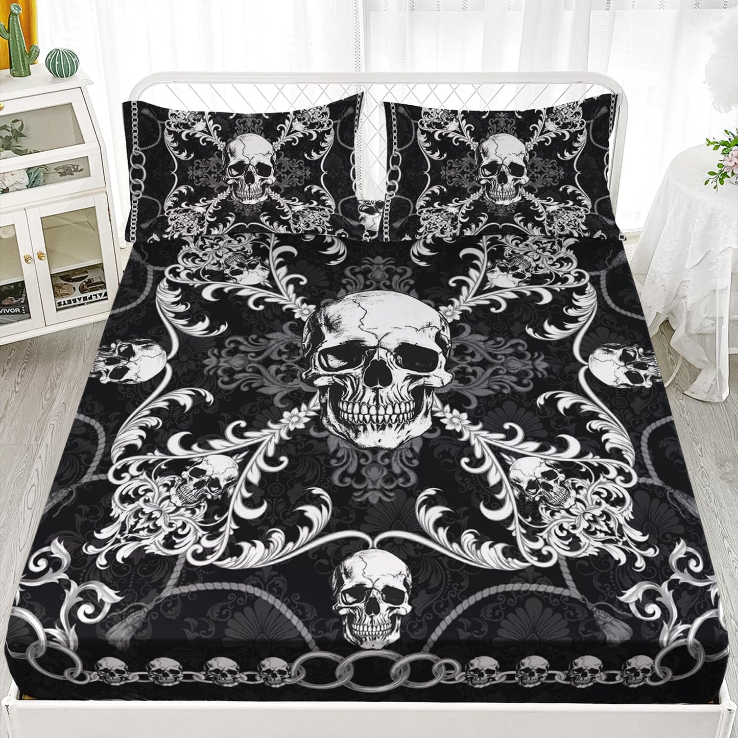 AILONEN Goth Skull Fitted Sheet Set Queen Size,Black and White Skull Bed Sheet Set,Boys Kids Goth Skull Skeleton Bedding for Adults,Boho Floral Skull Fitted Sheet +2 Pillowcases,3-Piece