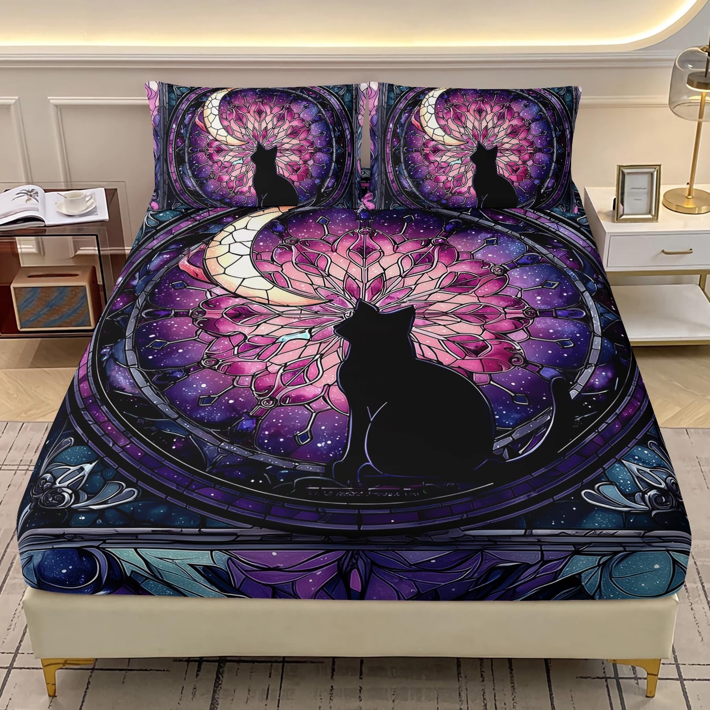 AILONEN Stained Glass Cat Fitted Sheet Set Twin Size,Purple Galaxy Mandala Celestial Bedding for Girls,3 Piece Black Kitten Room Decor with 2 Pillowcases,16" Deep Pocket