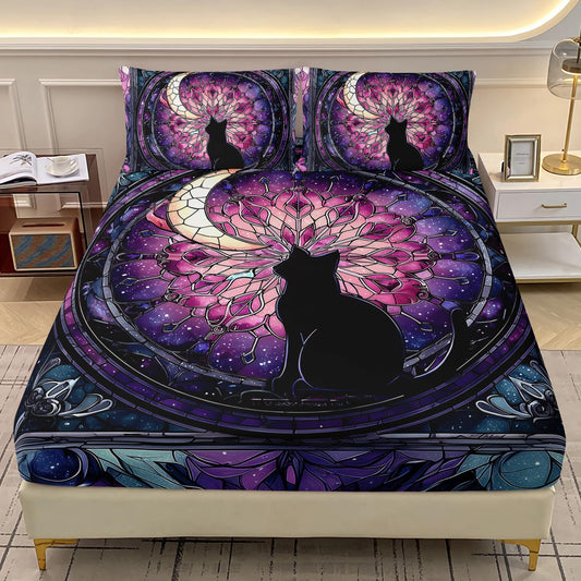 AILONEN Stained Glass Cat Fitted Sheet Set Twin Size,Purple Galaxy Mandala Celestial Bedding for Girls,3 Piece Black Kitten Room Decor with 2 Pillowcases,16" Deep Pocket